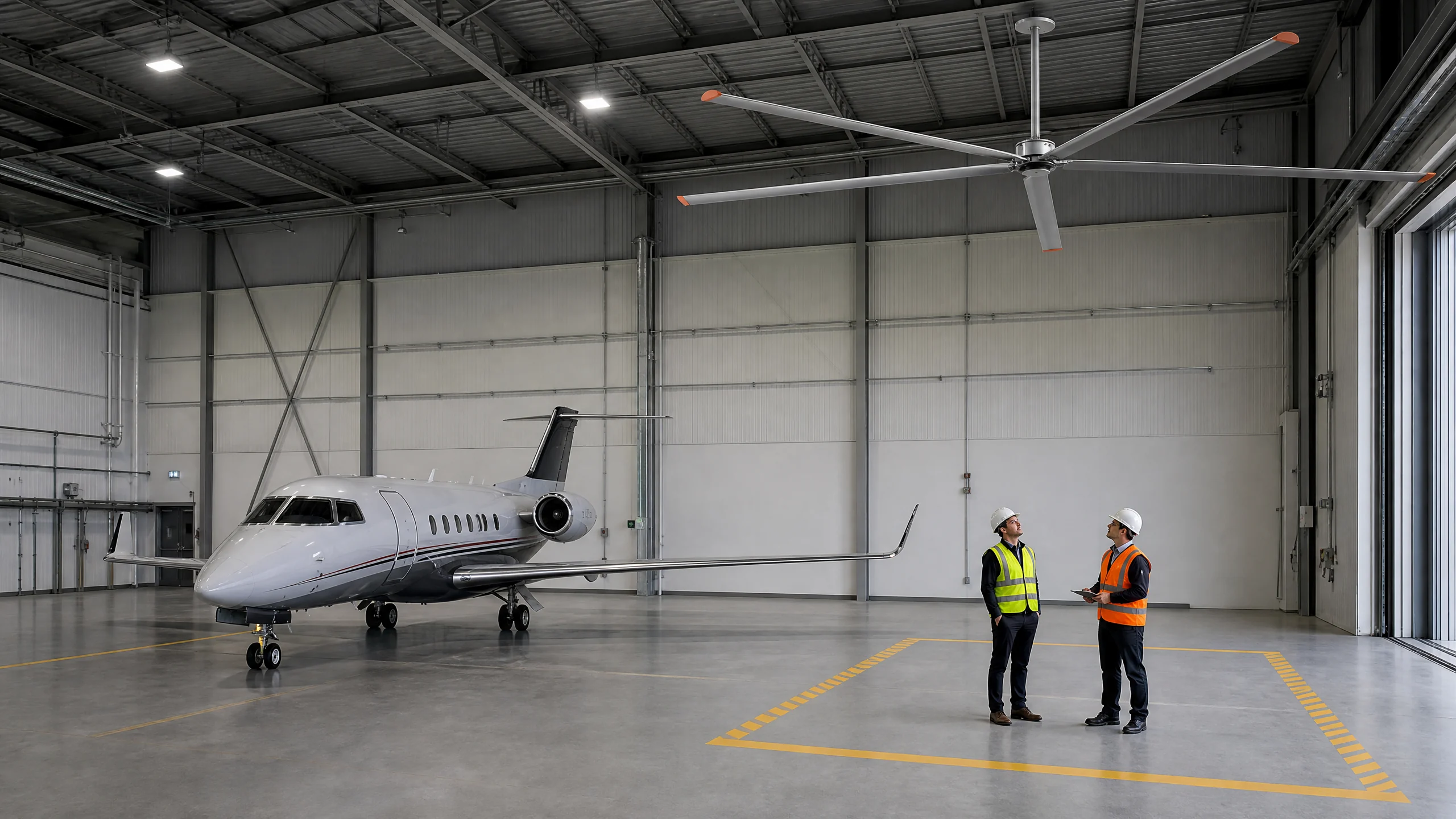 Two hangar engineers reviewing clearances between a stationary six-blade HVLS fan, a parked aircraft, door track and overhead services