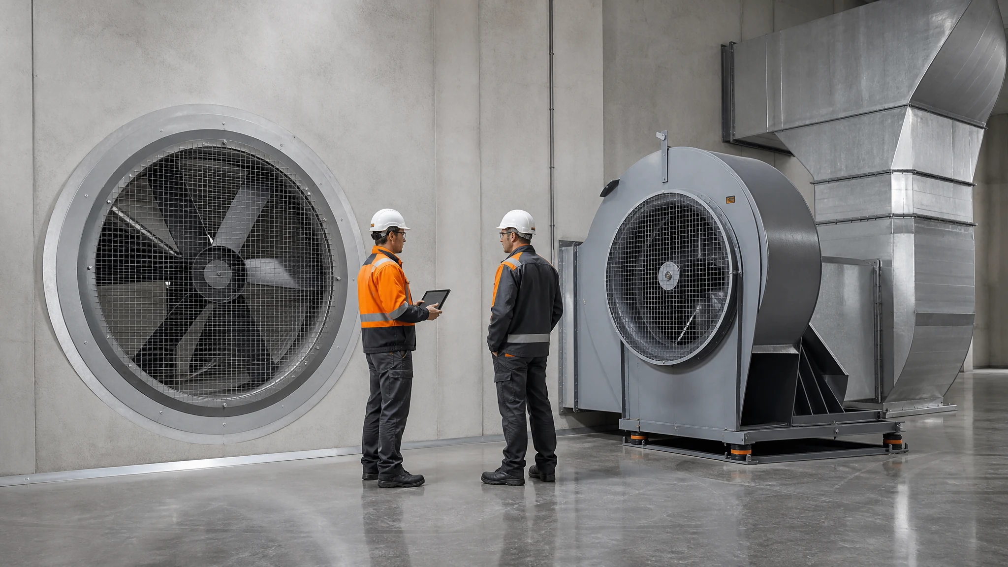One guarded axial exhaust fan and one centrifugal fan shown in separate clean test bays for selection comparison