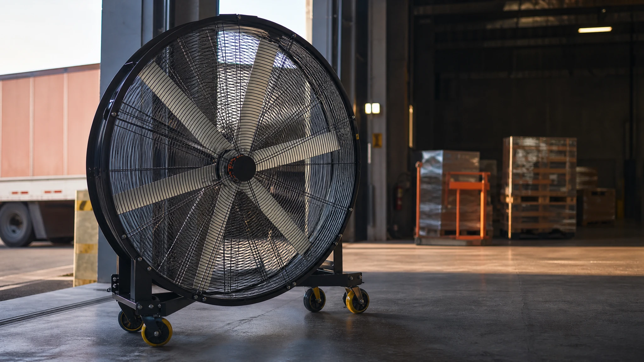 Large mobile industrial fan positioned in a logistics loading bay