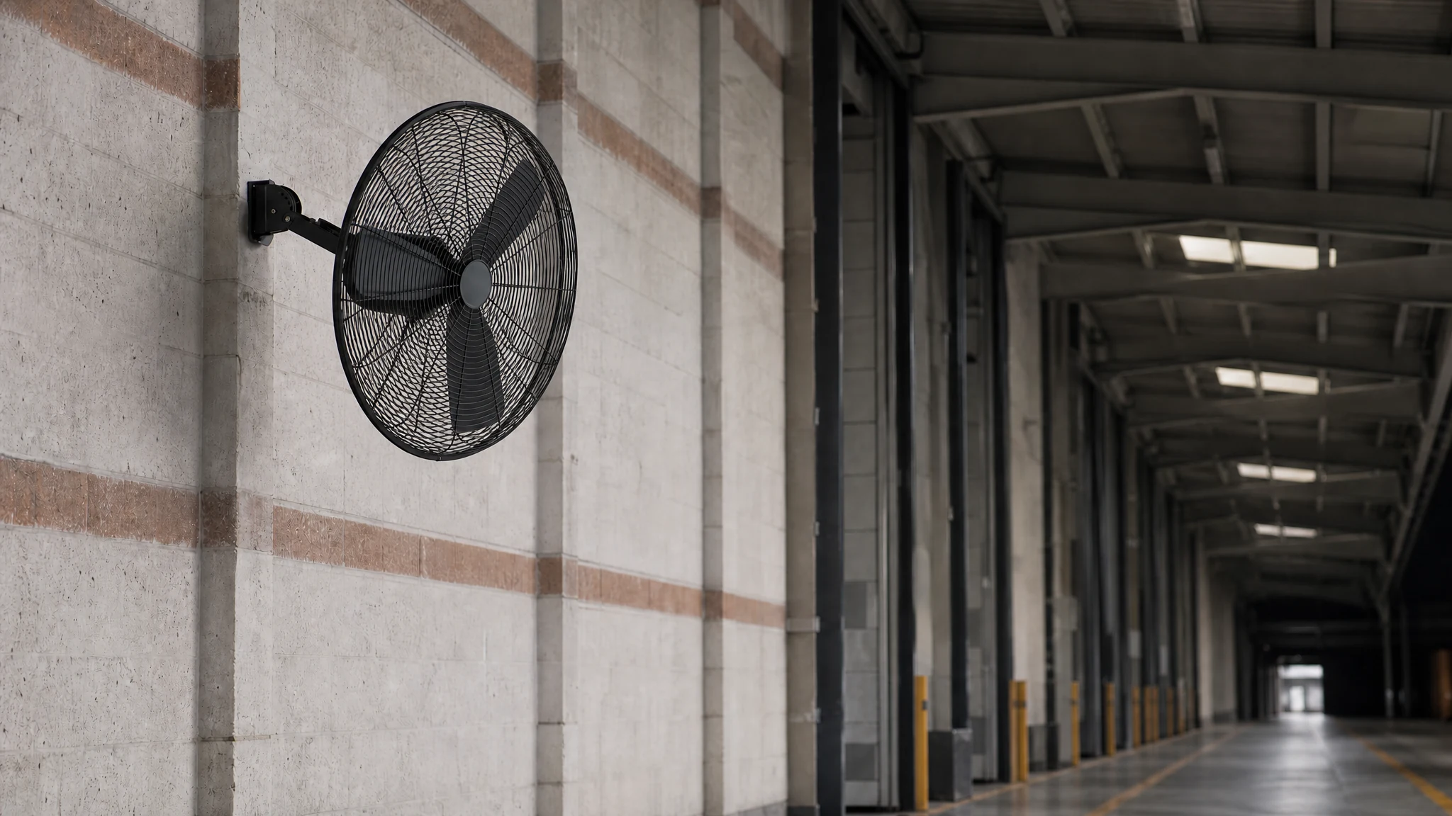 Three-blade wall-mounted industrial fan installed along a warehouse service aisle