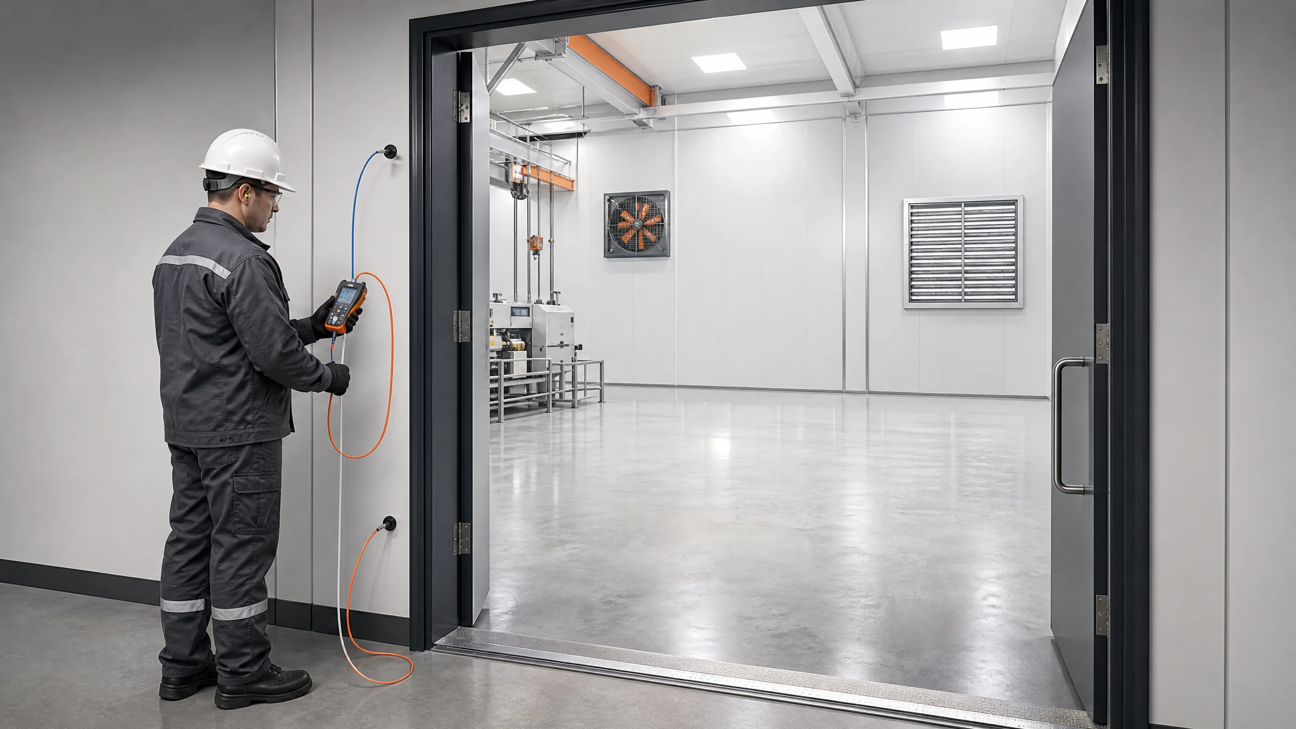 Ventilation technician measuring the pressure relationship across a factory doorway with exhaust and make-up air separated
