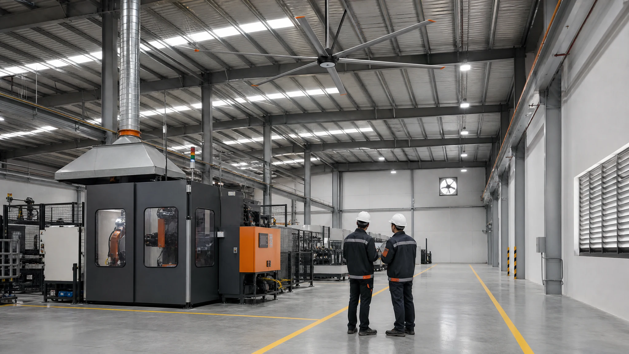 Factory hall with local extraction, separated make-up air, wall exhaust and one six-blade HVLS circulation fan