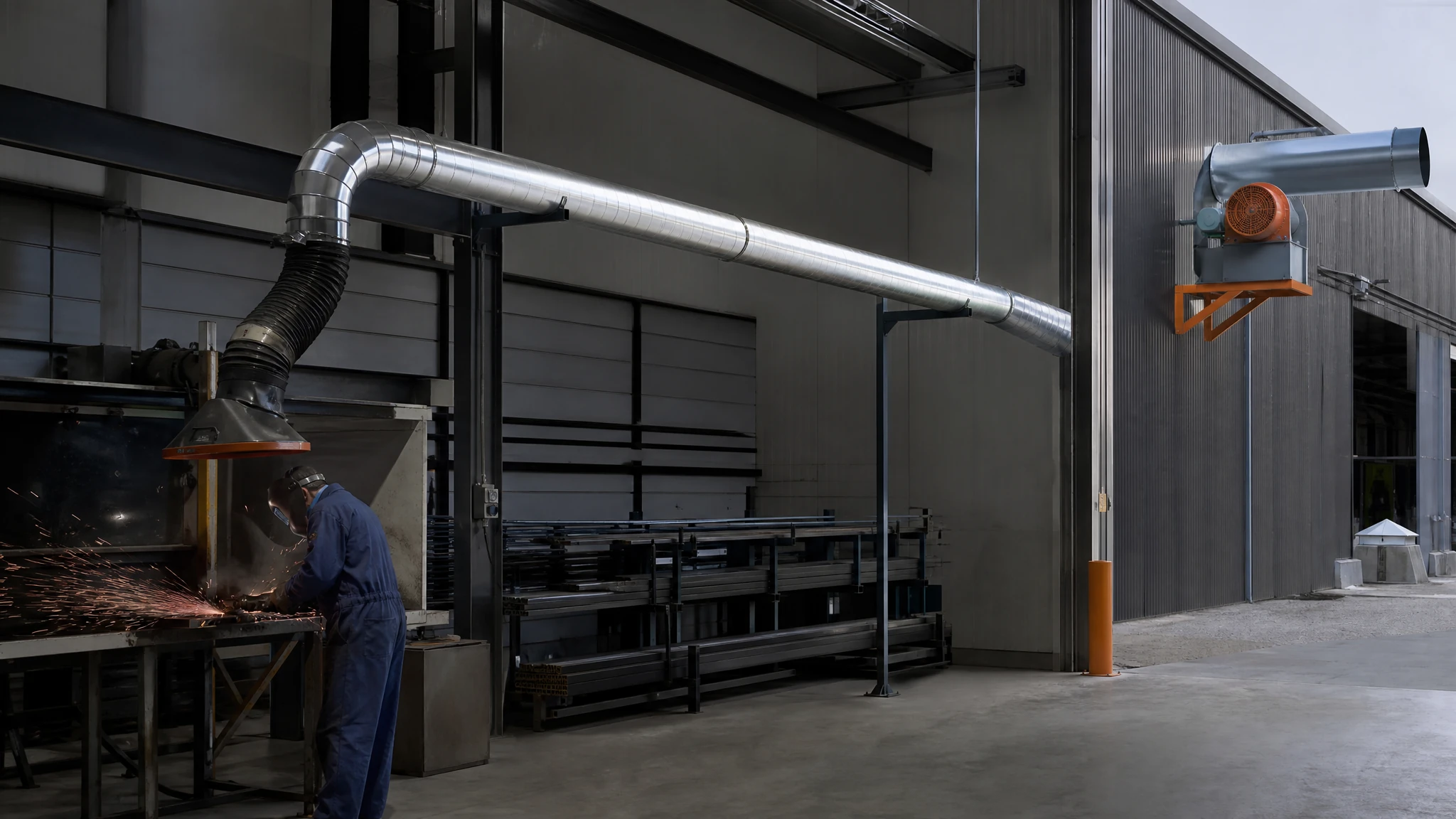 Industrial exhaust fan connected to supported duct with straight approach and gradual transition