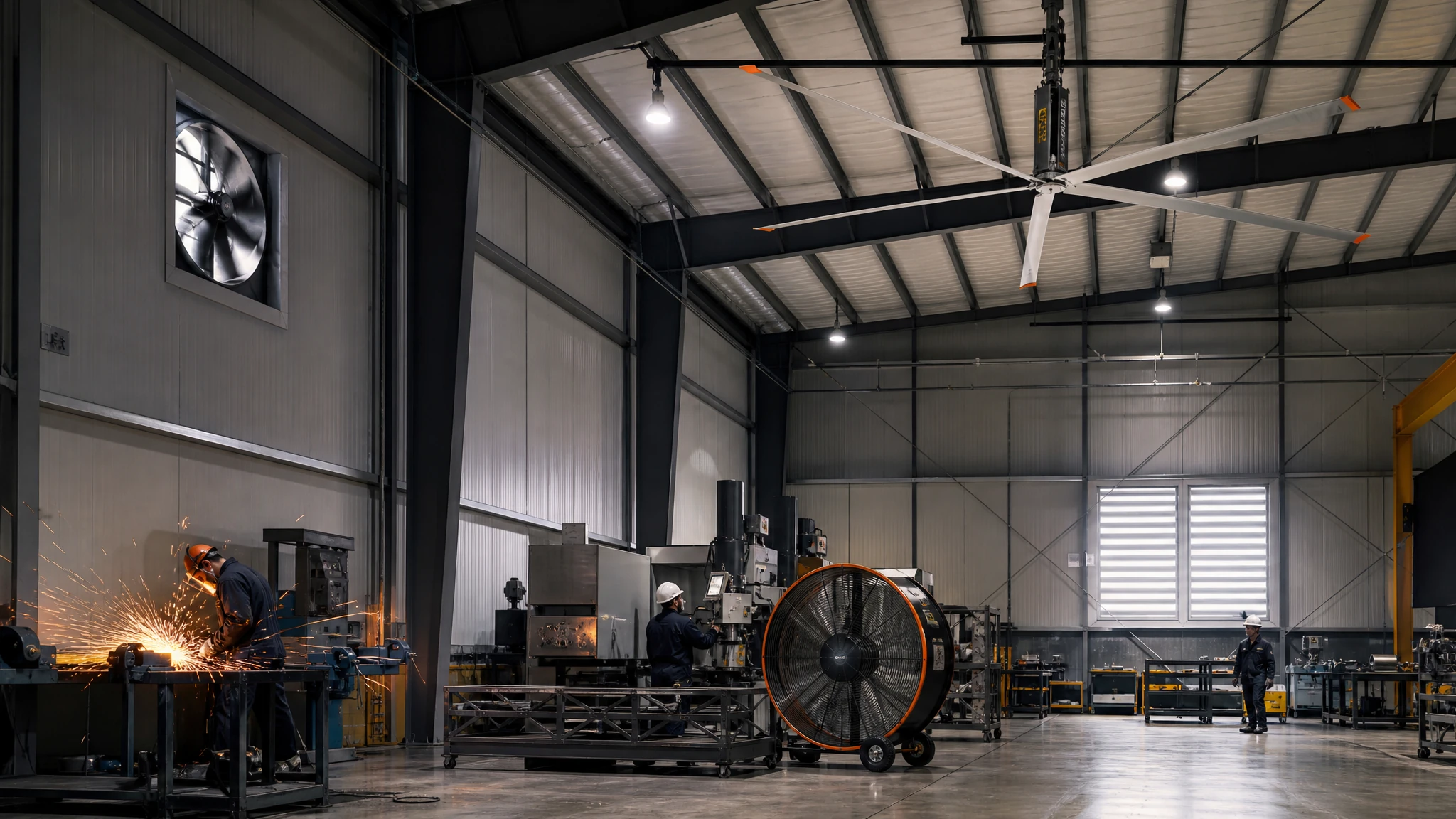Factory hall showing HVLS circulation, mobile spot airflow and a wall exhaust role