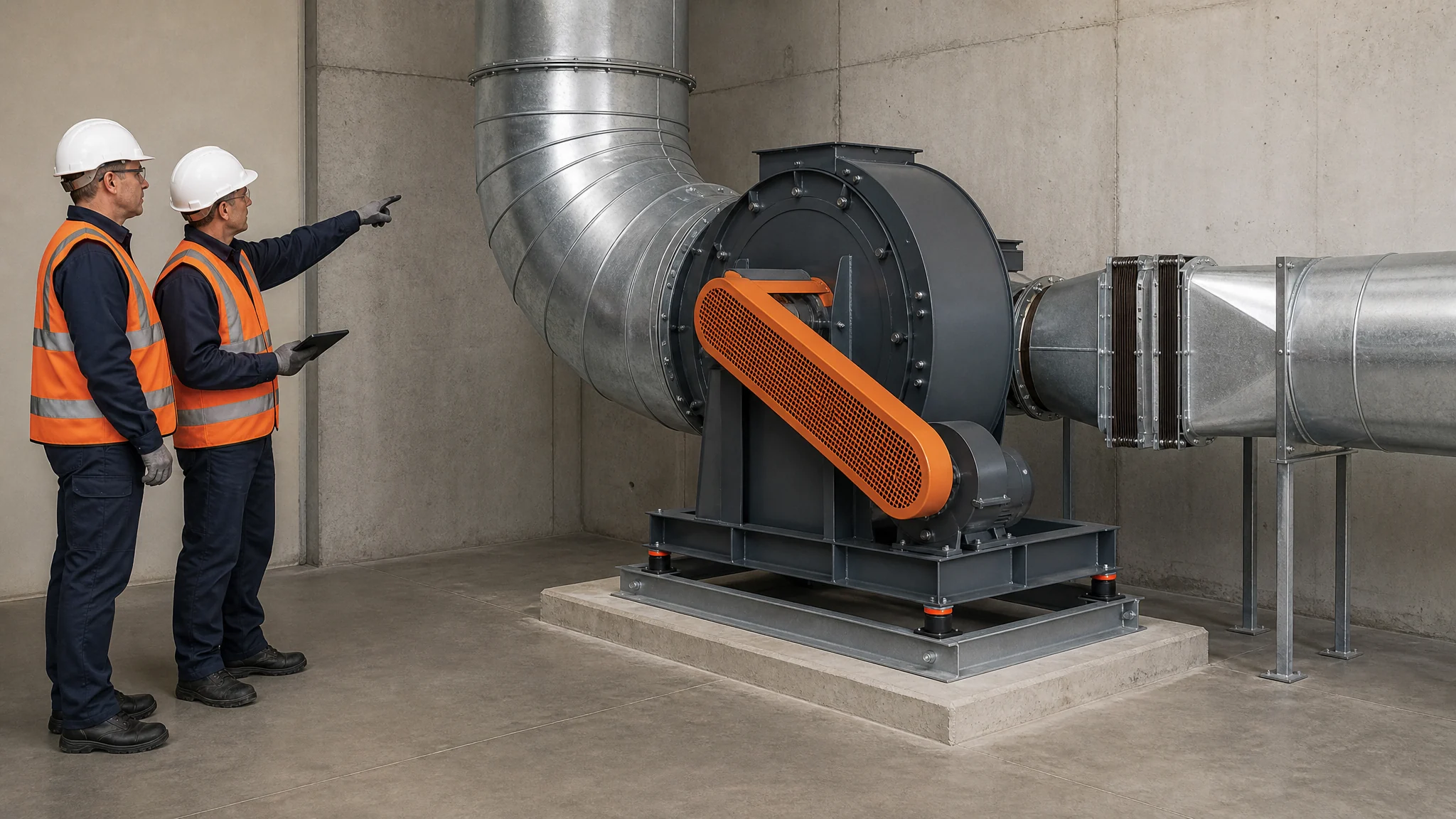 Ventilation engineers reviewing a centrifugal fan with a duct elbow close to its inlet and a supported outlet duct