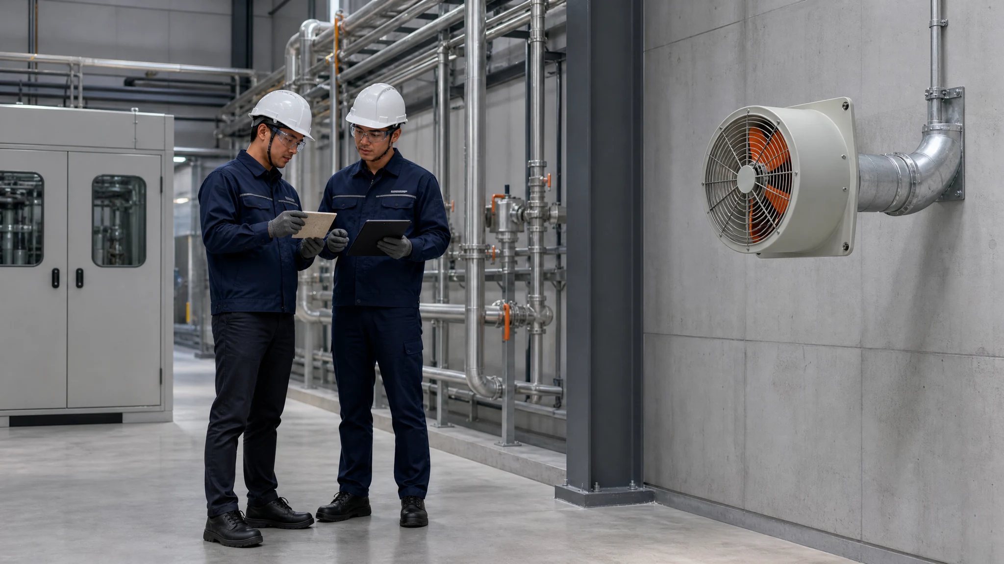 Two engineers reviewing material compatibility beside a guarded FRP industrial exhaust fan in a chemical process utility area