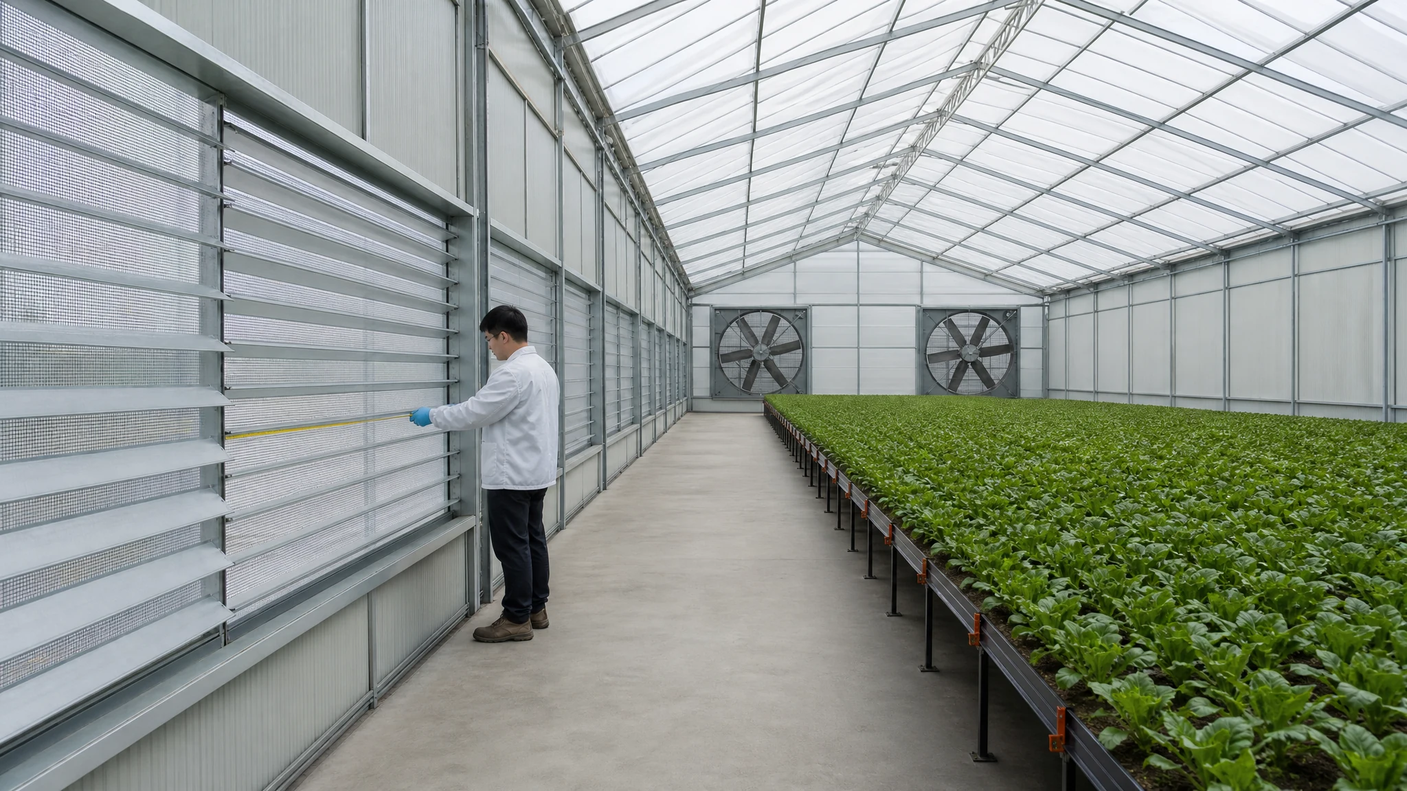 Commercial greenhouse with two guarded exhaust fans, a distant continuous inlet and an engineer checking inlet opening