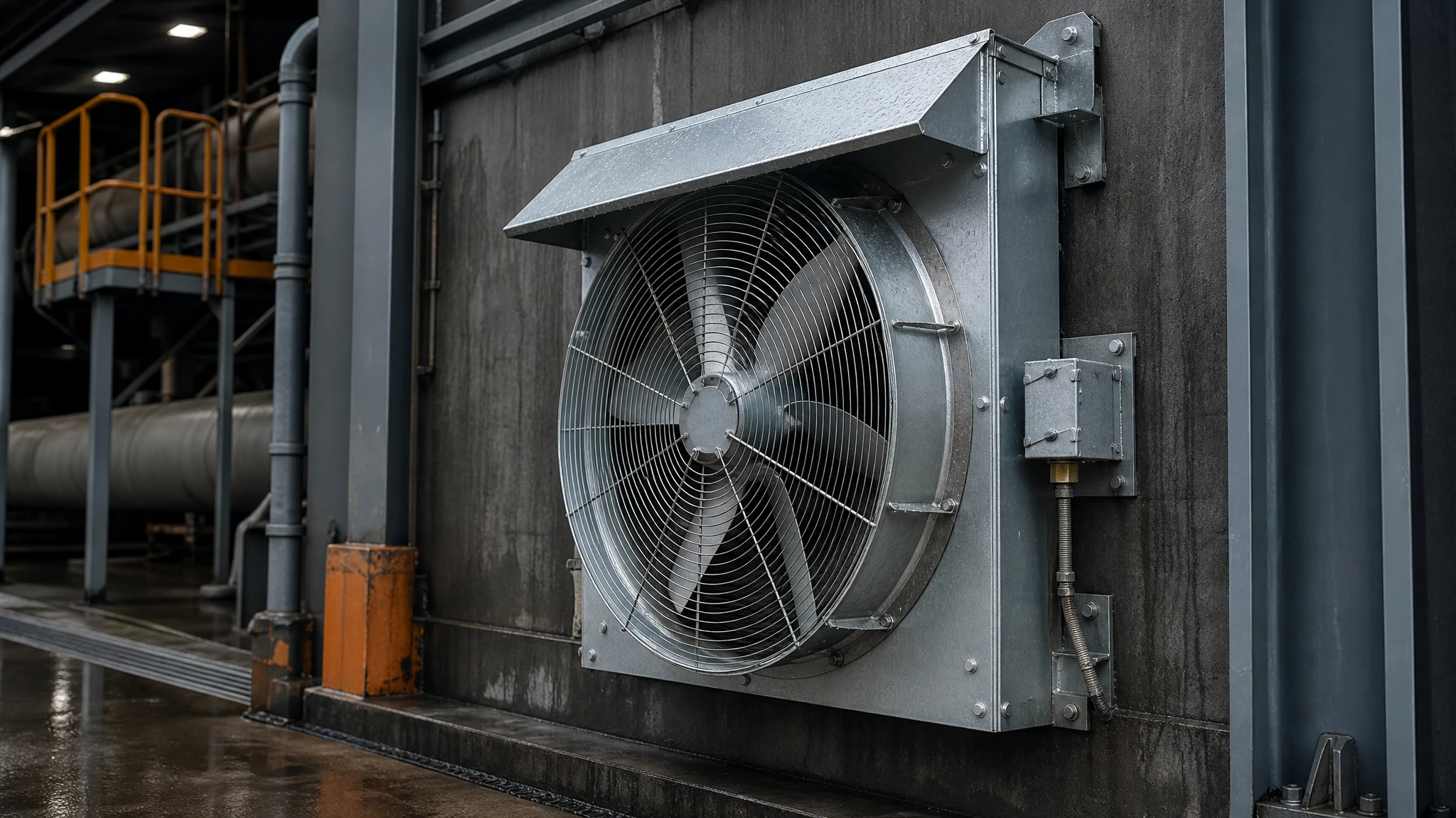 Heavy-duty galvanized industrial exhaust fan with guard and weather protection on a factory wall