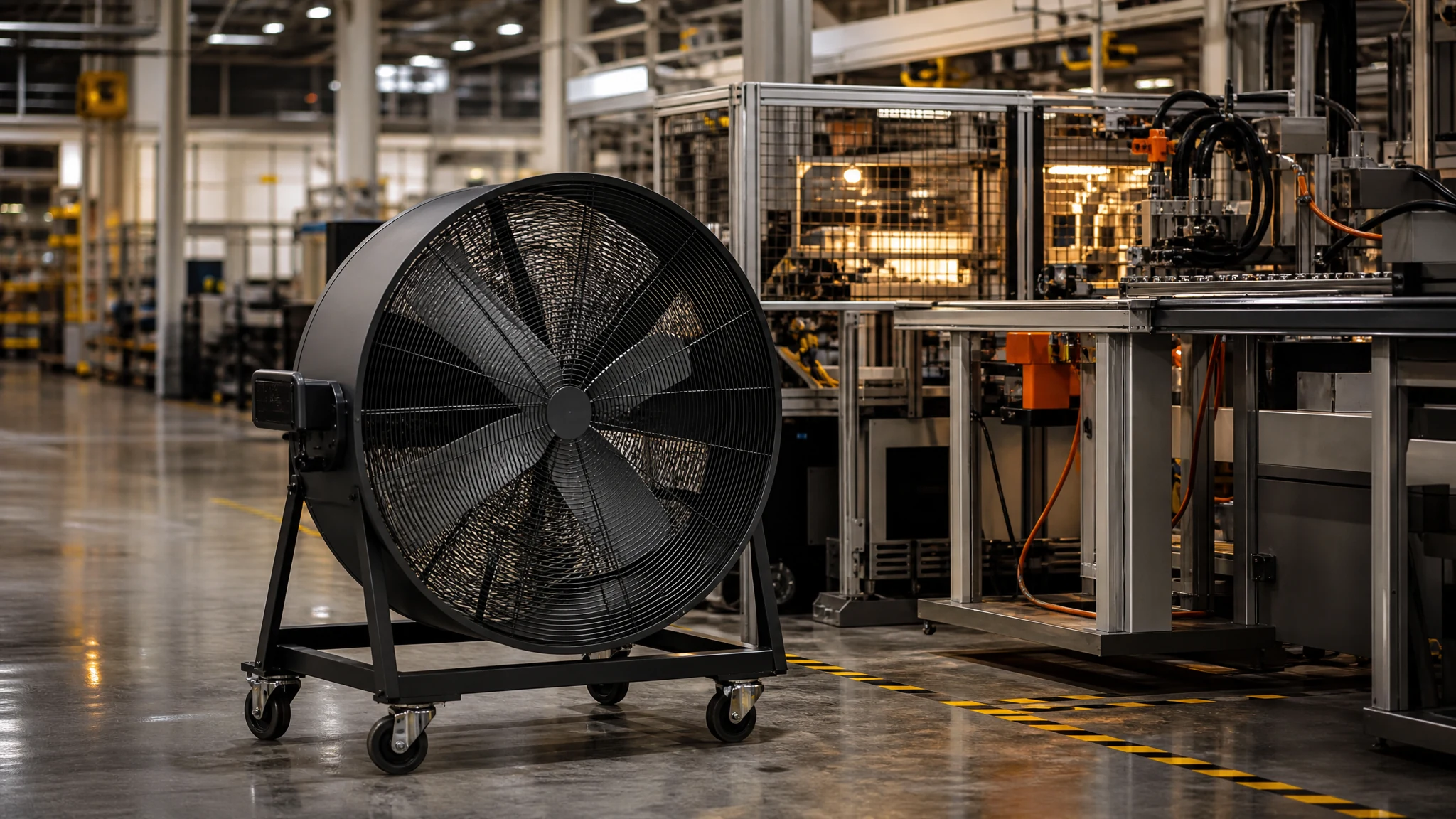 Large mobile industrial drum fan in a production area