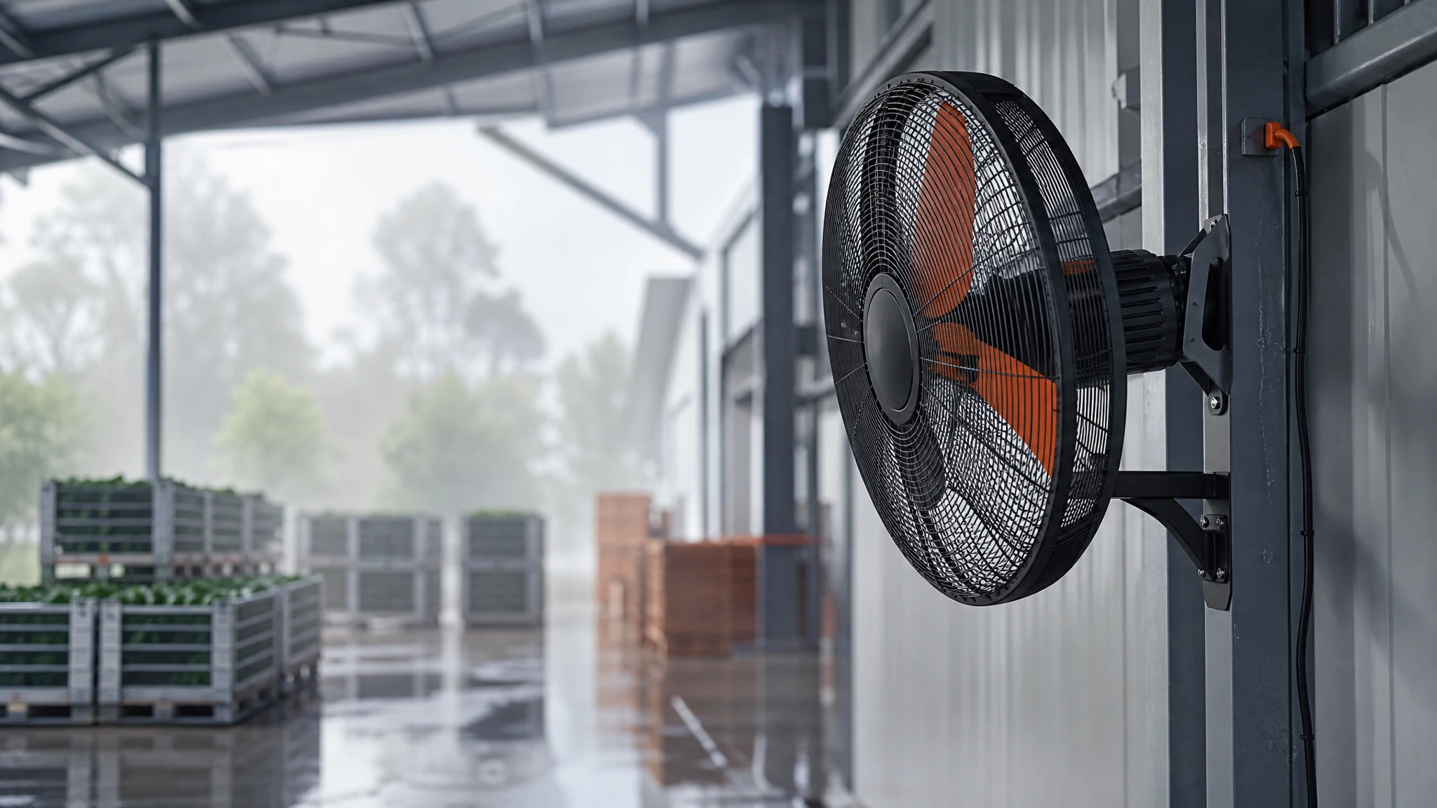 Wall-mounted industrial fan in an agricultural packing area