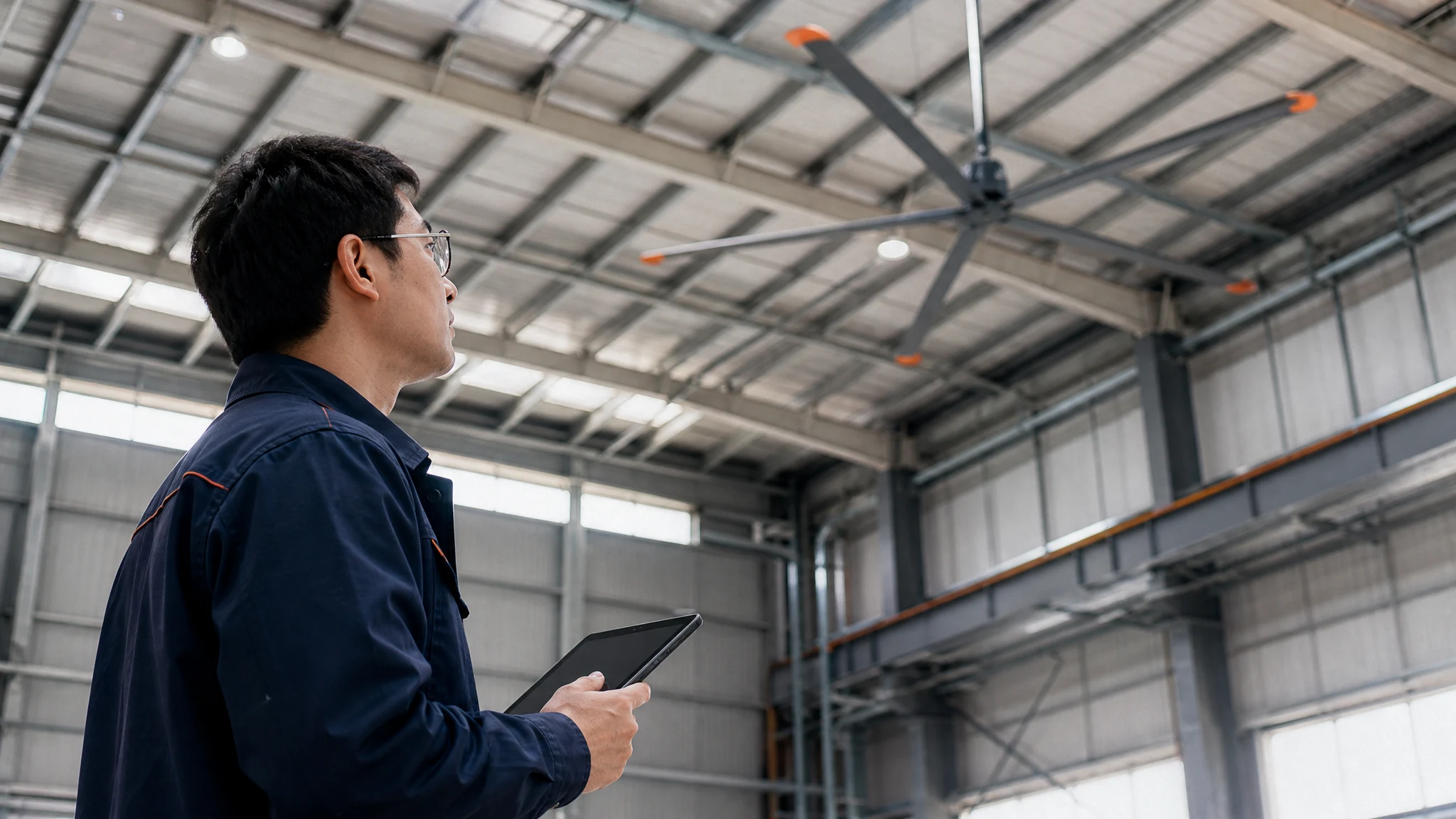 Airflow specialist reviewing a warehouse installation area
