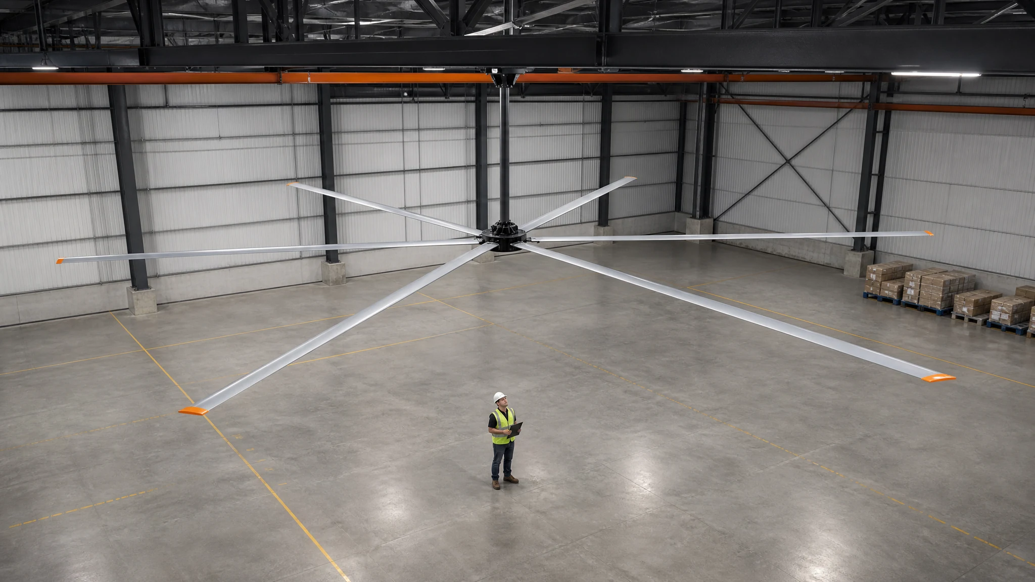 One six-blade large-diameter HVLS fan centered in a clear high-bay warehouse structural bay