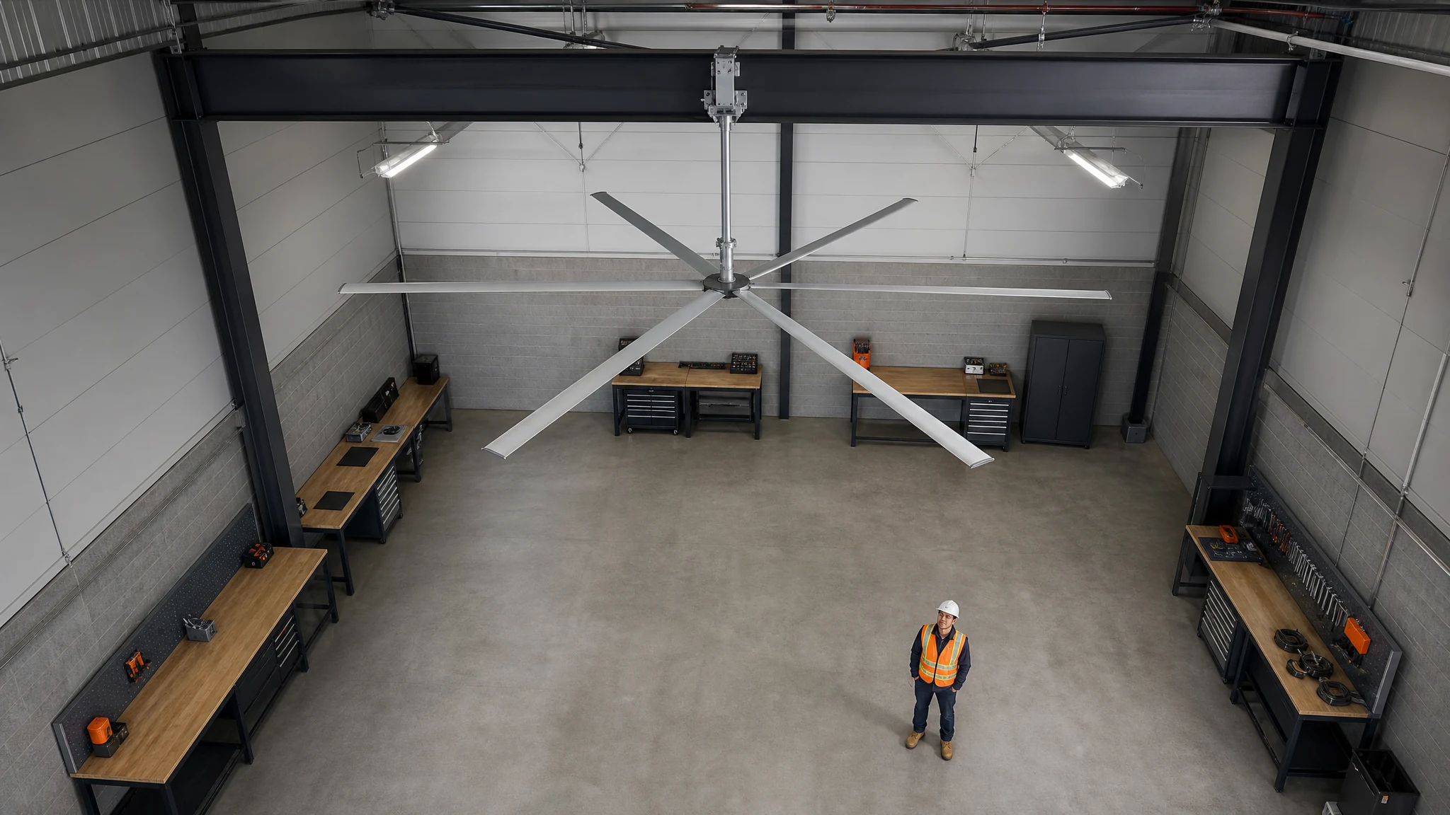 One six-blade medium-diameter HVLS fan centered between roof beams in a clear workshop bay