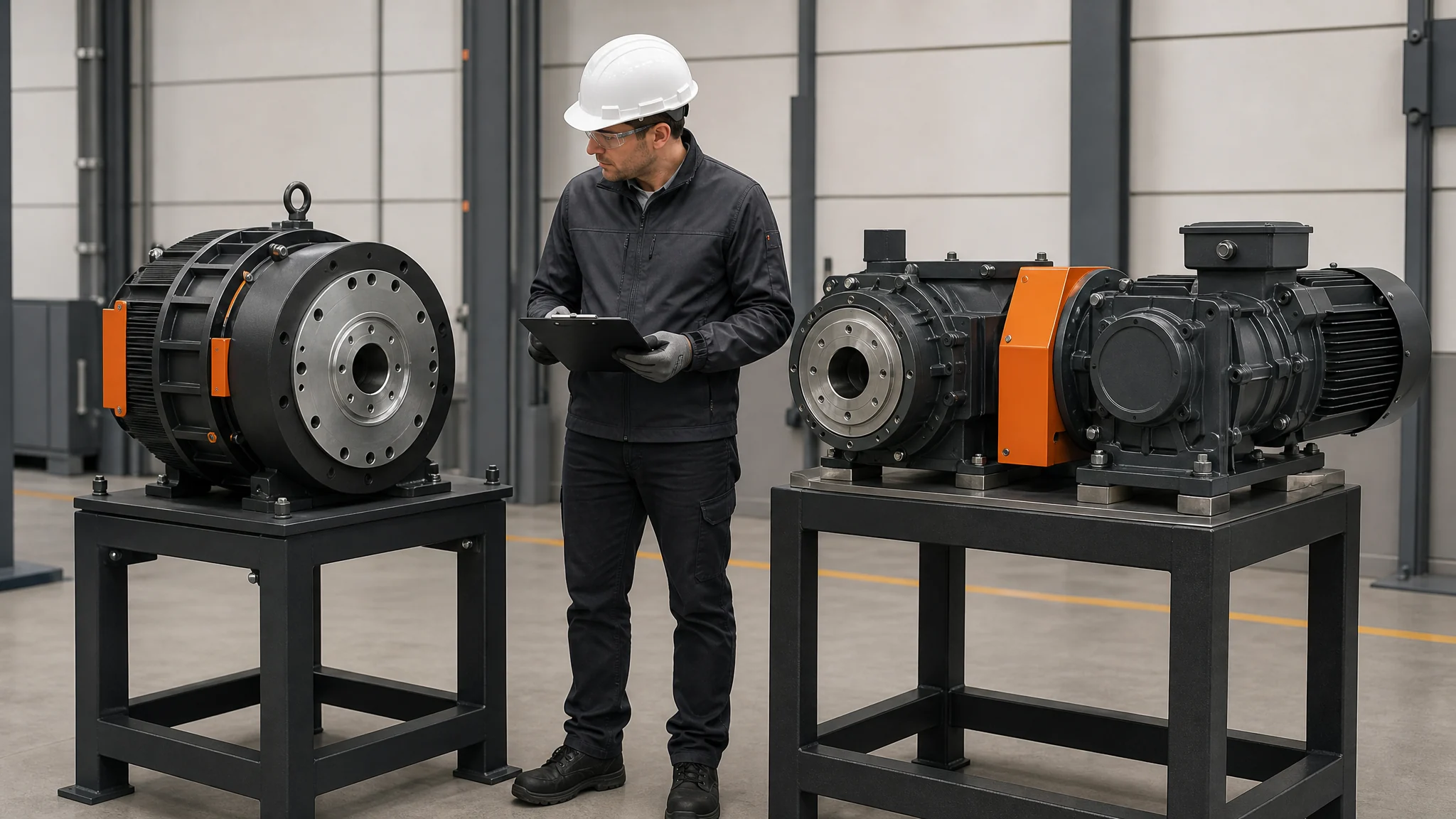 Engineer comparing a direct-drive HVLS motor assembly with a sealed geared drive assembly on separate inspection stands