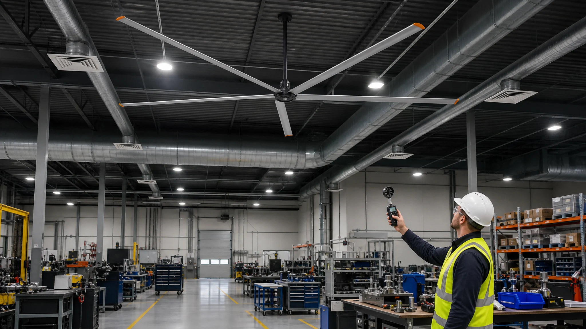 Facilities engineer measuring air speed beneath a six-blade HVLS fan in a conditioned high-bay with separated supply diffusers and return grilles