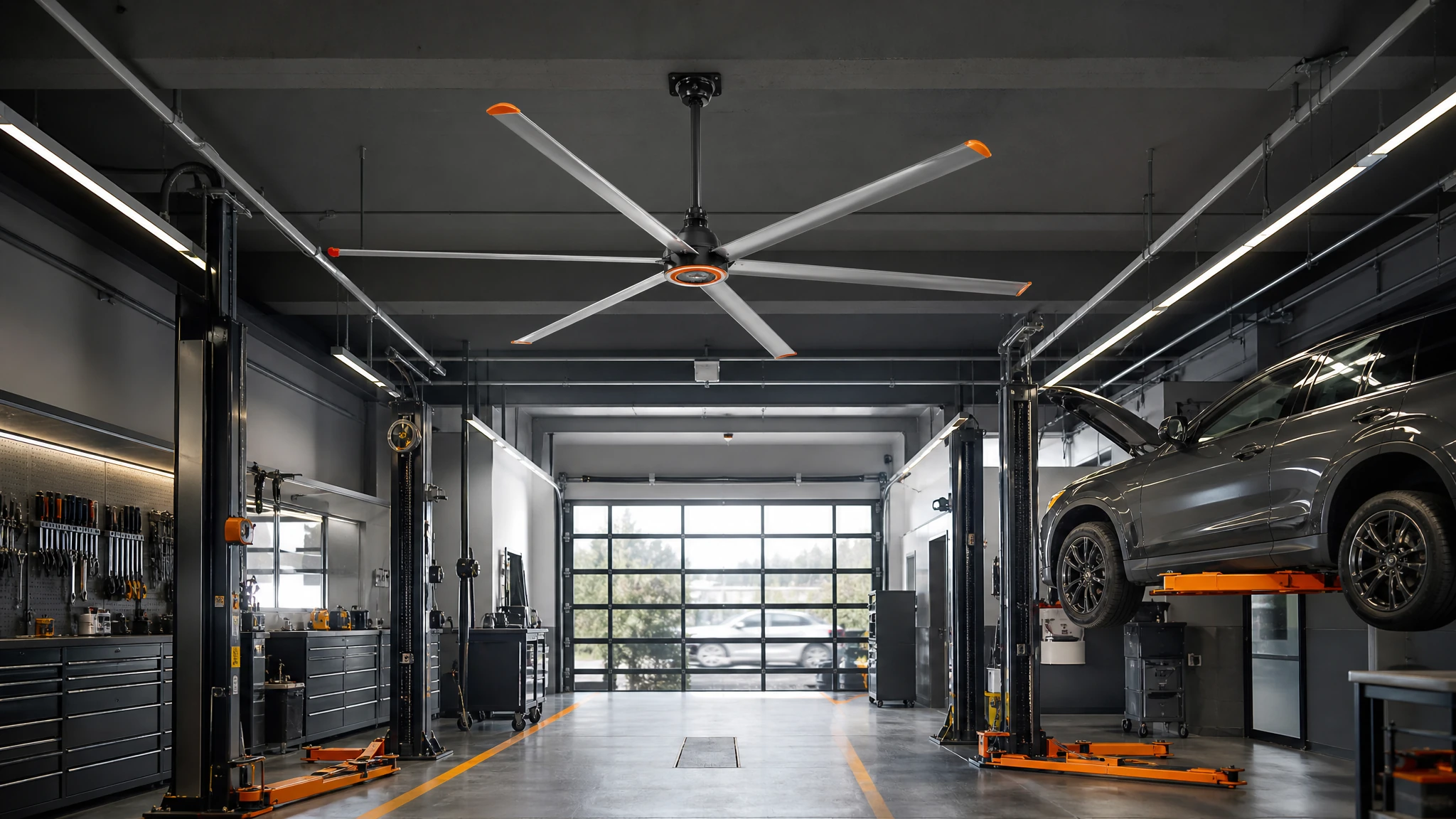 Six-blade HVLS fan over a vehicle maintenance bay clear of lifts, doors, lights and vehicles