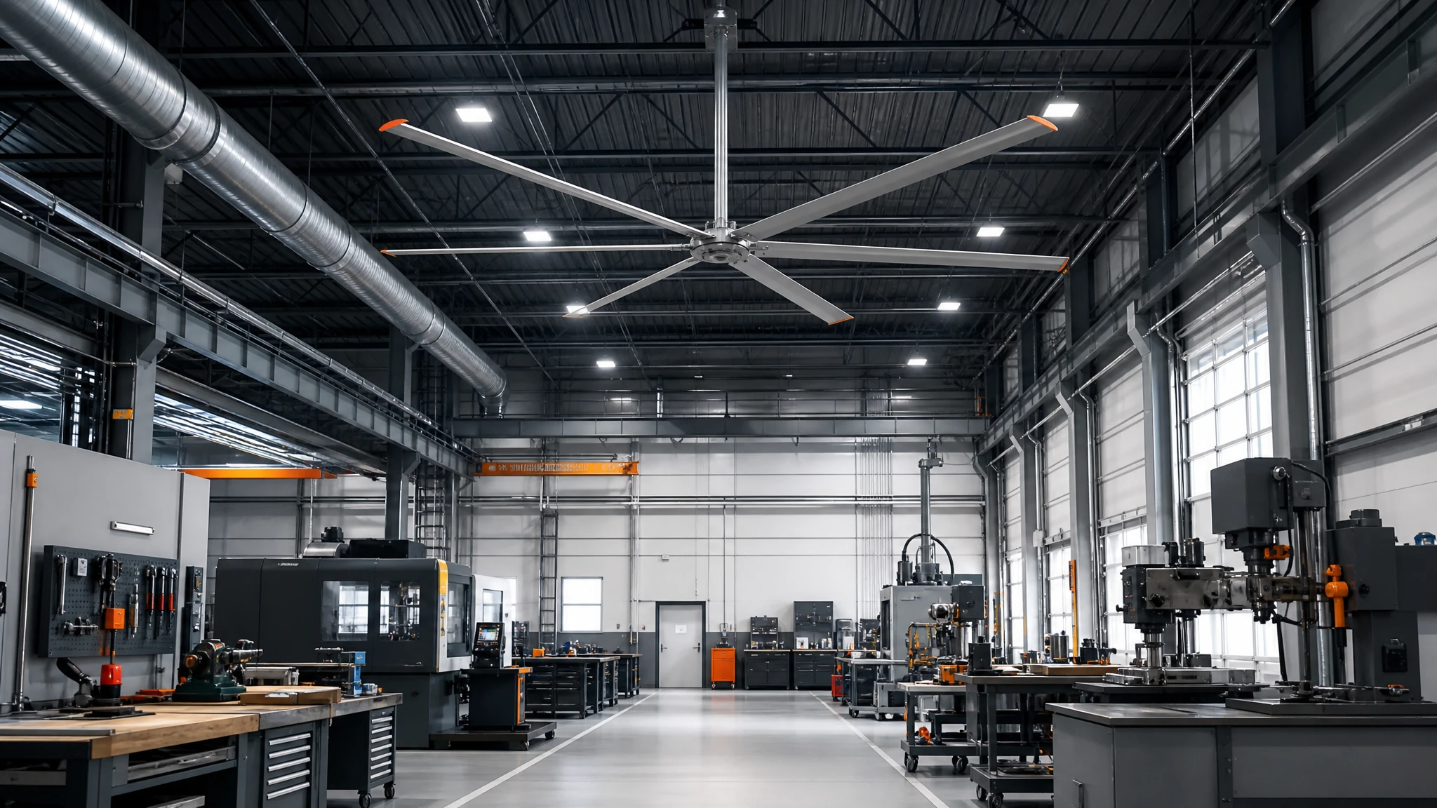 Six-blade HVLS fan above a metalworking shop aisle with roof services outside the swept circle