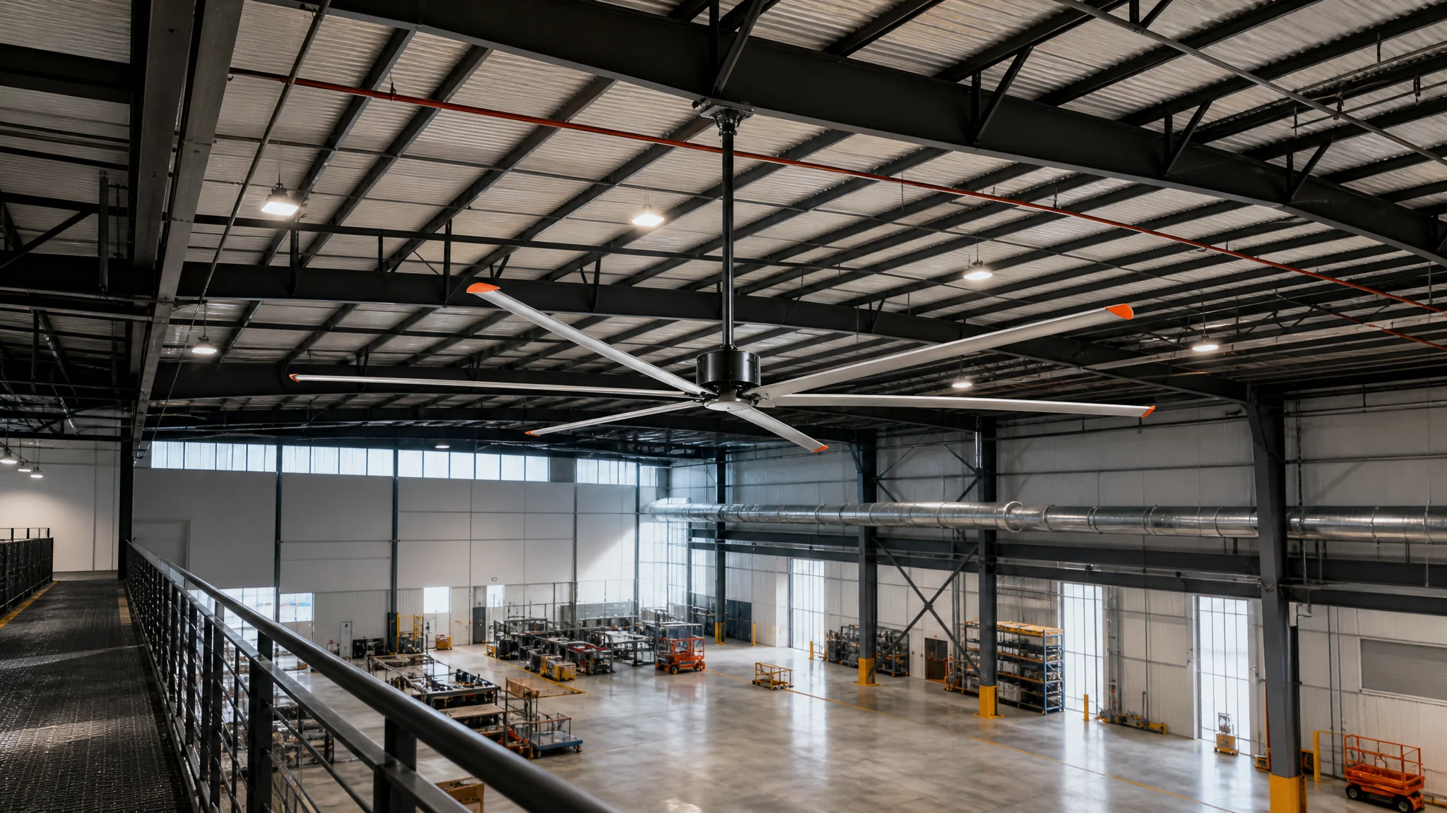 Six-blade HVLS ceiling fan mounted below warehouse roof structure with open clearance around the complete swept area