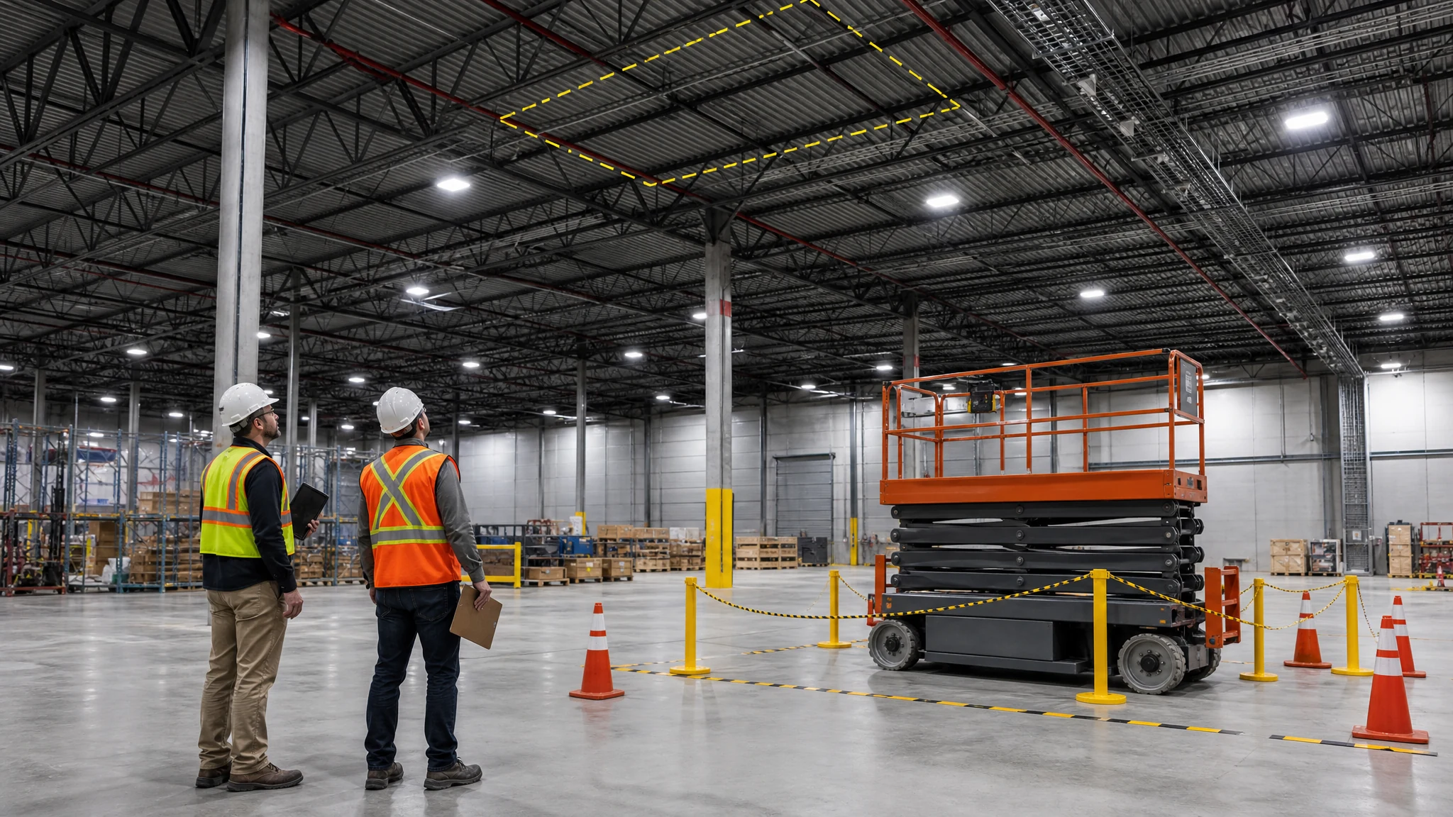 Two PPE-clad project specialists reviewing roof structure, electrical route and folded lift access in a high-bay warehouse before HVLS installation