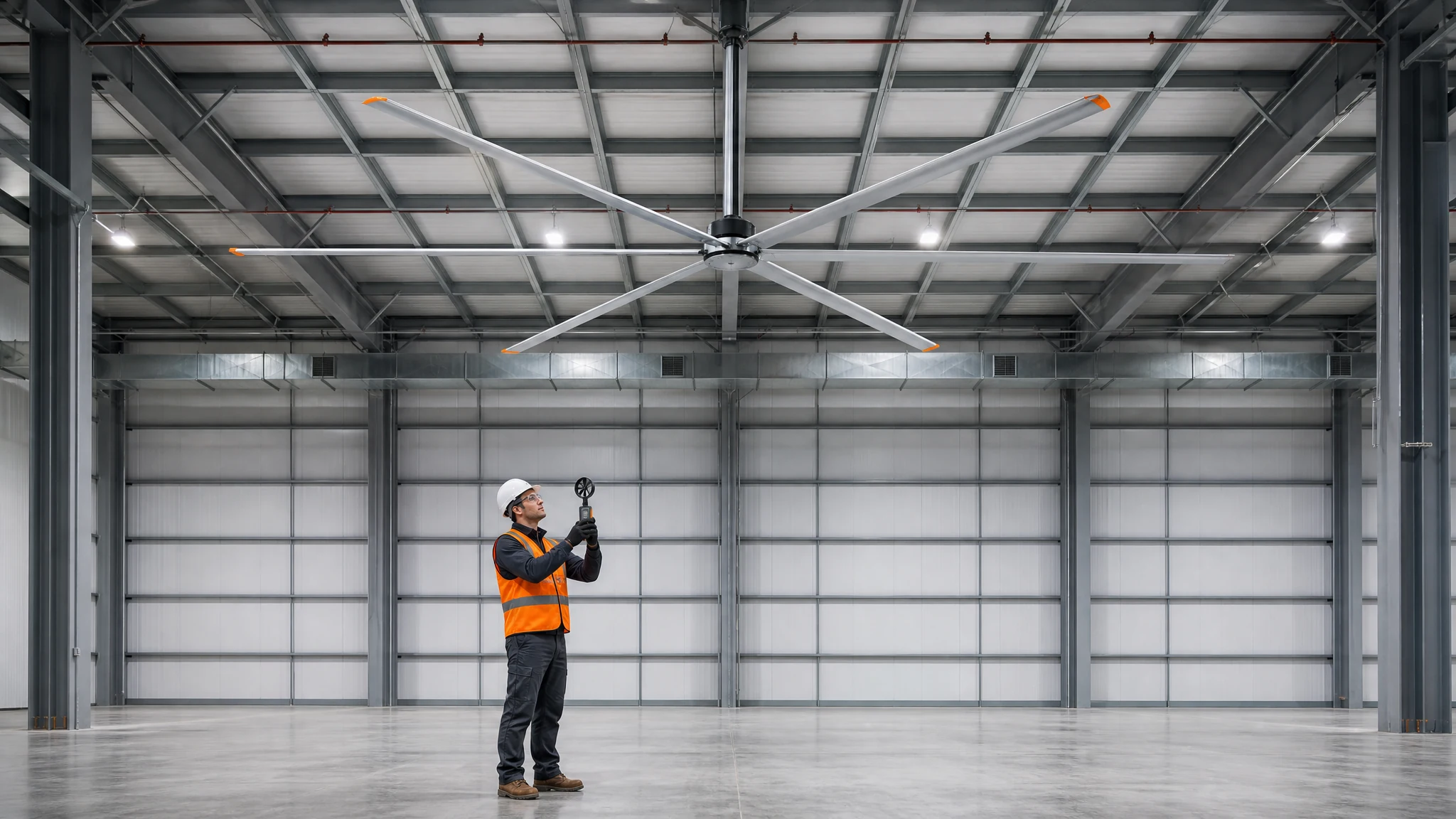 Commissioning technician in PPE using a handheld vane anemometer at occupied height beneath a six-blade HVLS fan