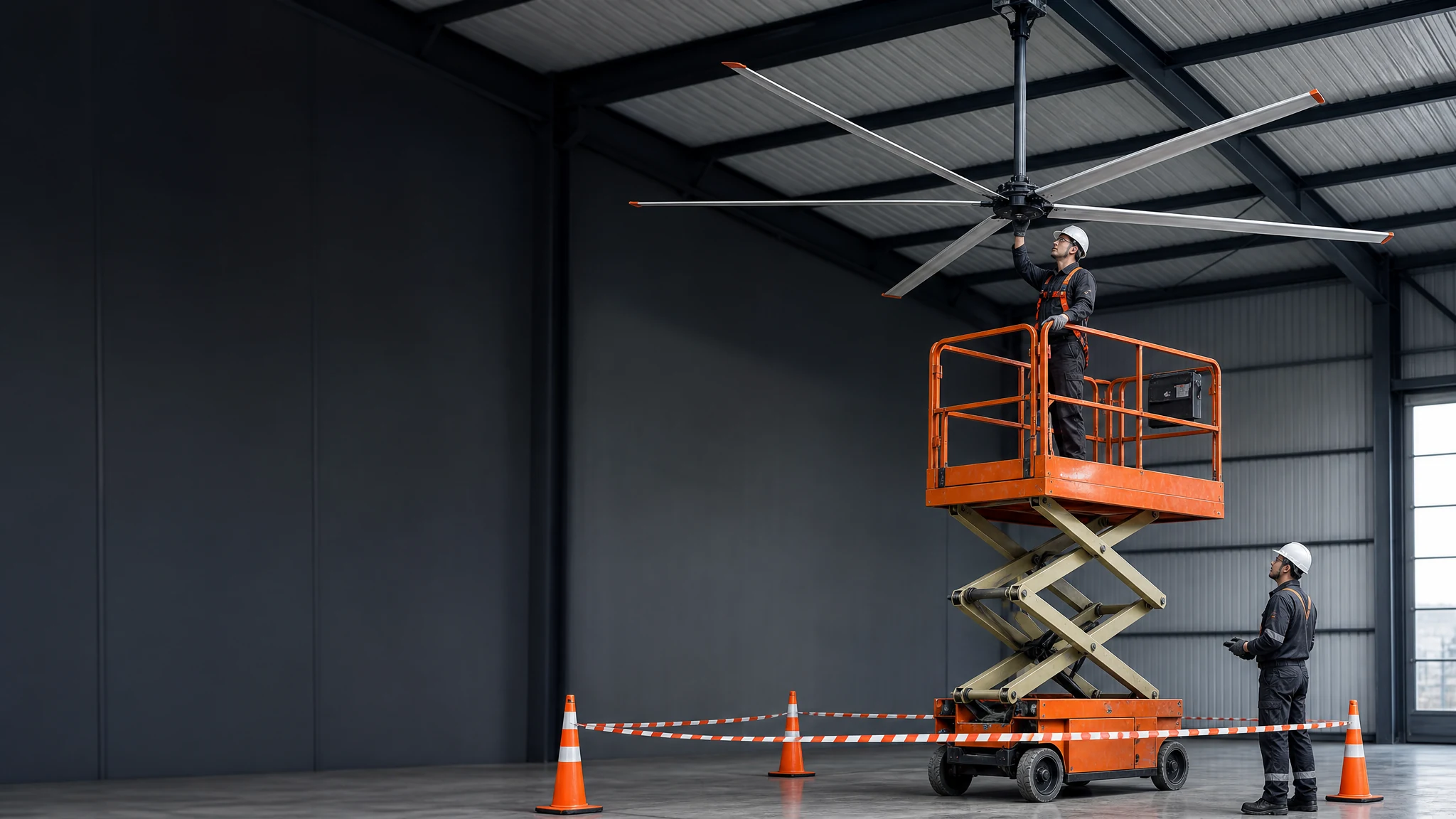 Planned maintenance shutdown with a stationary six-blade HVLS fan, technician in a scissor lift, floor spotter and exclusion zone