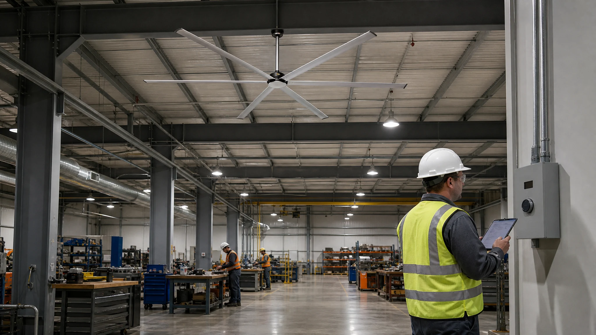 Facility supervisor recording an HVLS fan speed setting during an occupied workshop shift