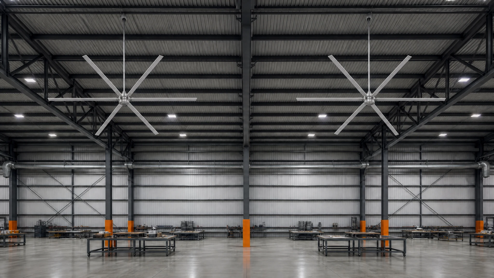 Two six-blade HVLS fans centered in separate structural bays with clear space between their blade-tip circles