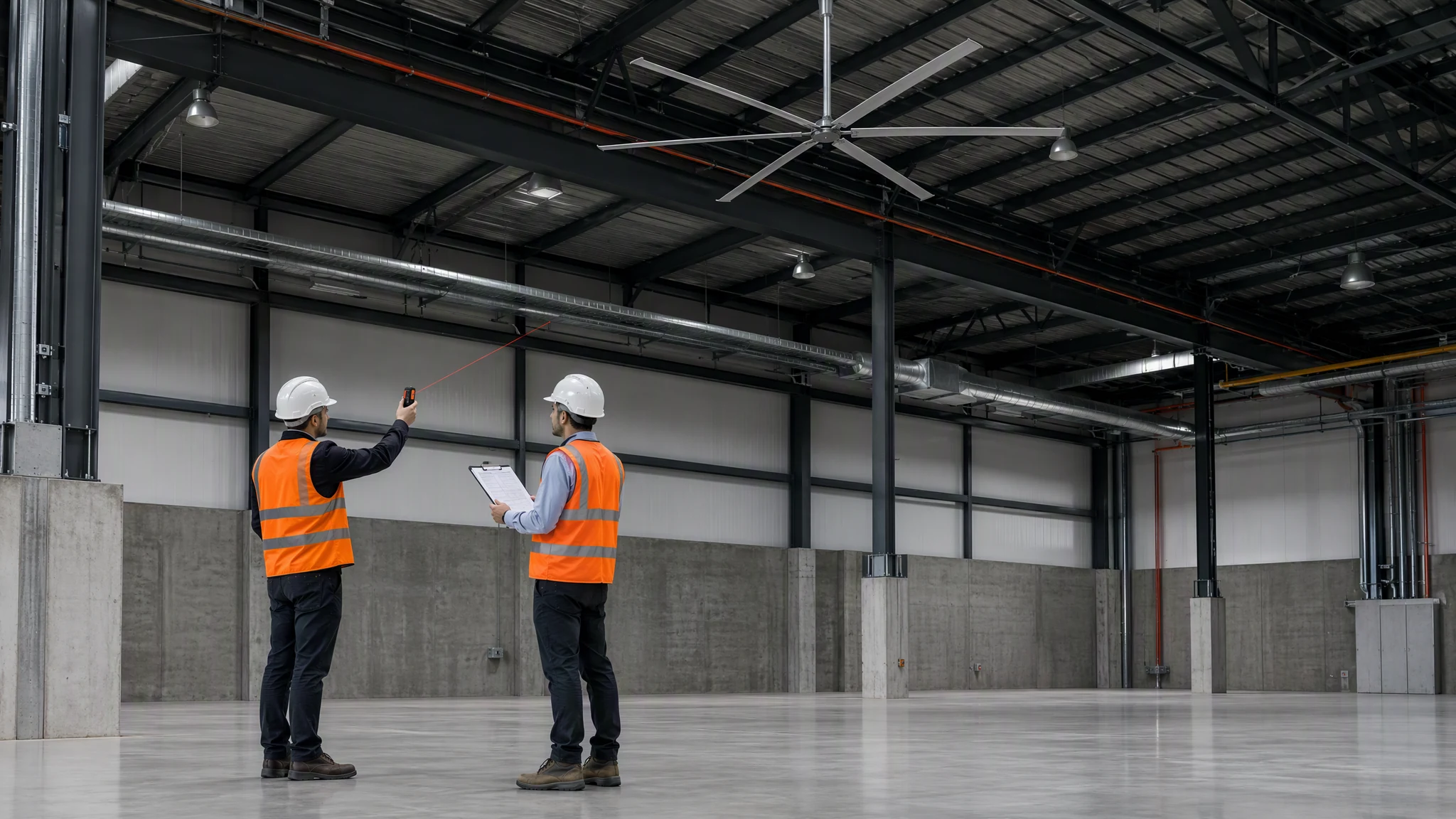 Two PPE-clad engineers measuring structural height and completing a blank HVLS project checklist beneath one six-blade fan
