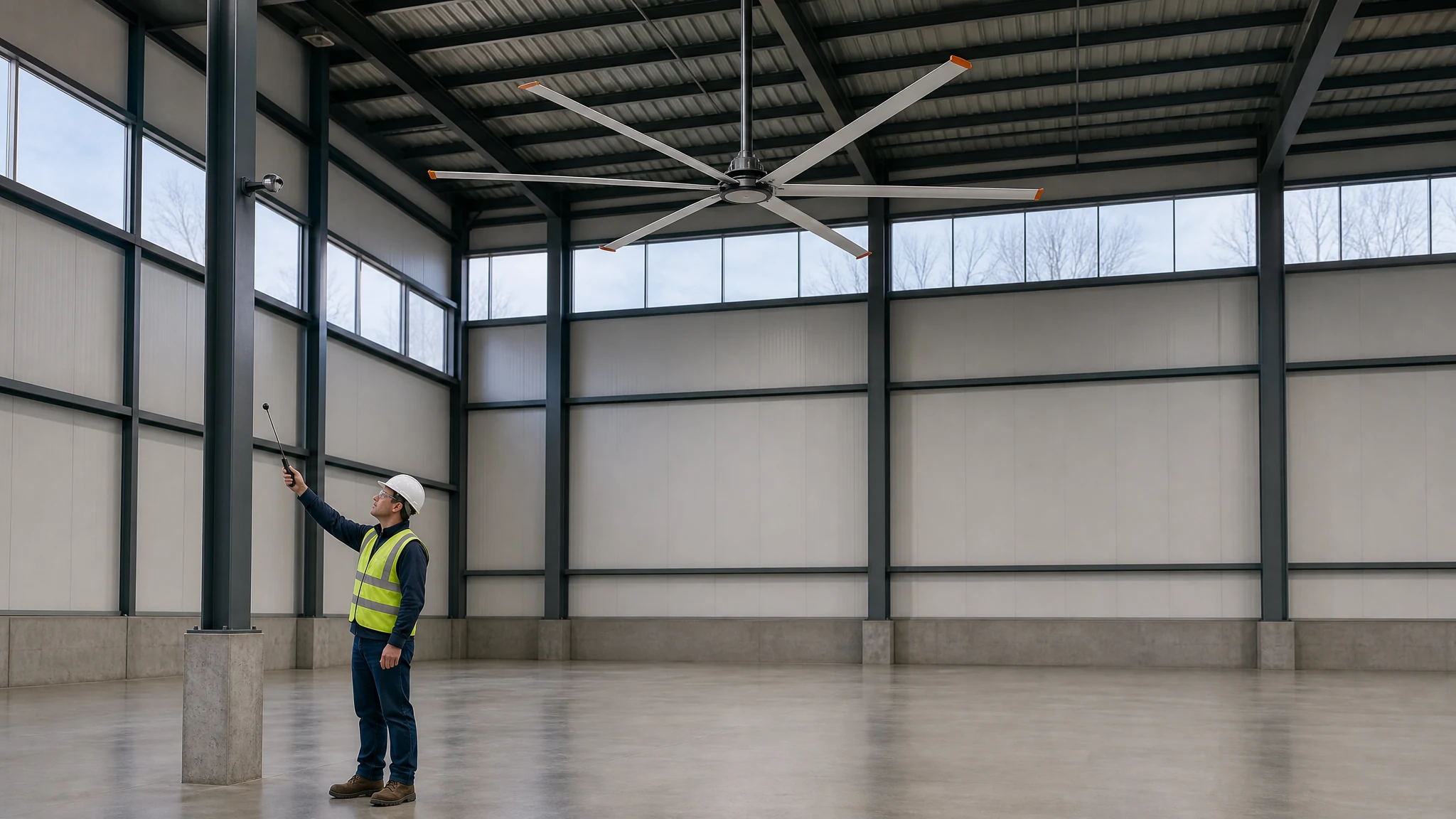 Facility engineer comparing occupied-zone and high-level temperature conditions beneath one six-blade HVLS fan in winter
