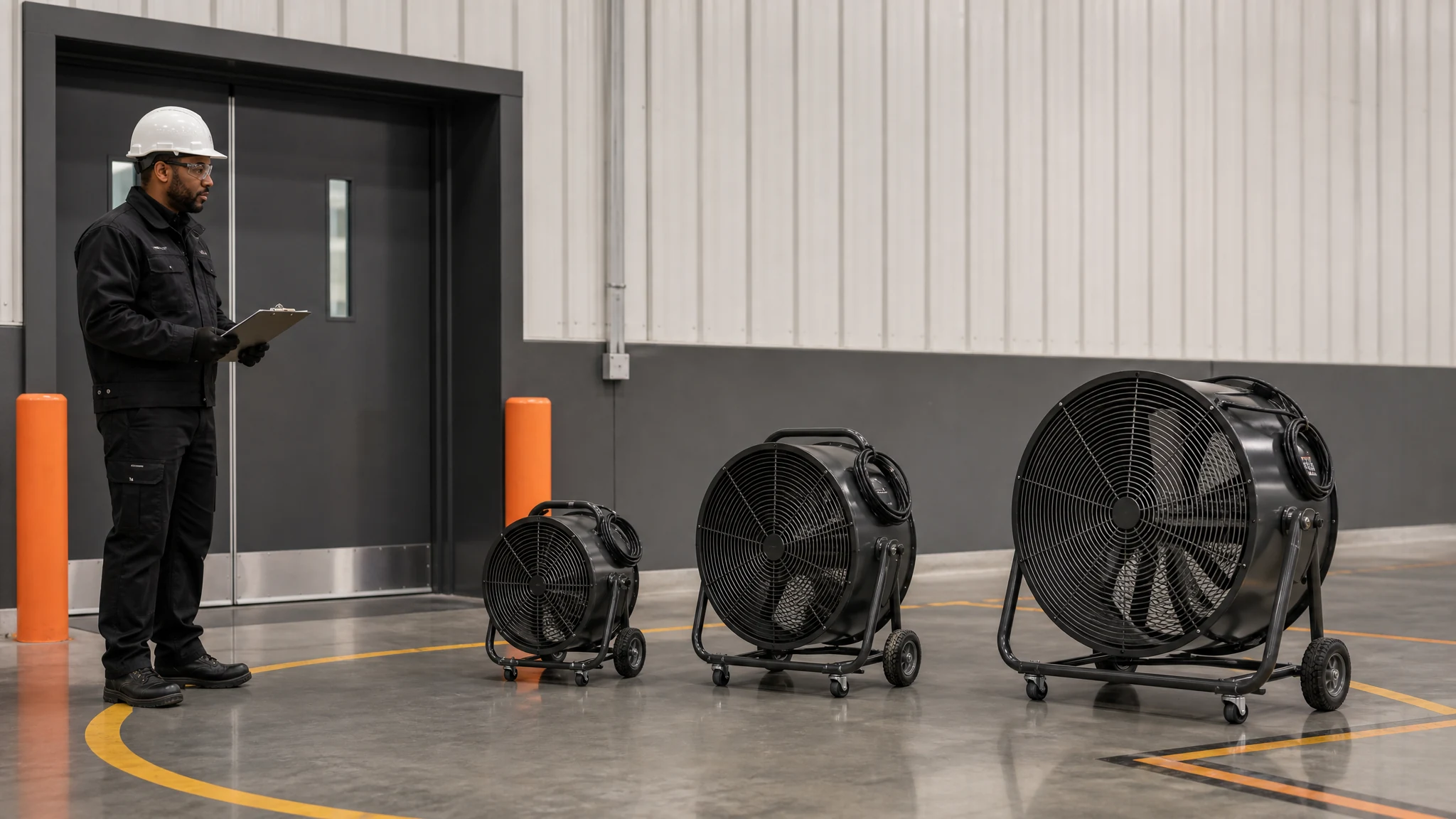 Three different-size guarded industrial drum fans staged beside an industrial doorway for access comparison