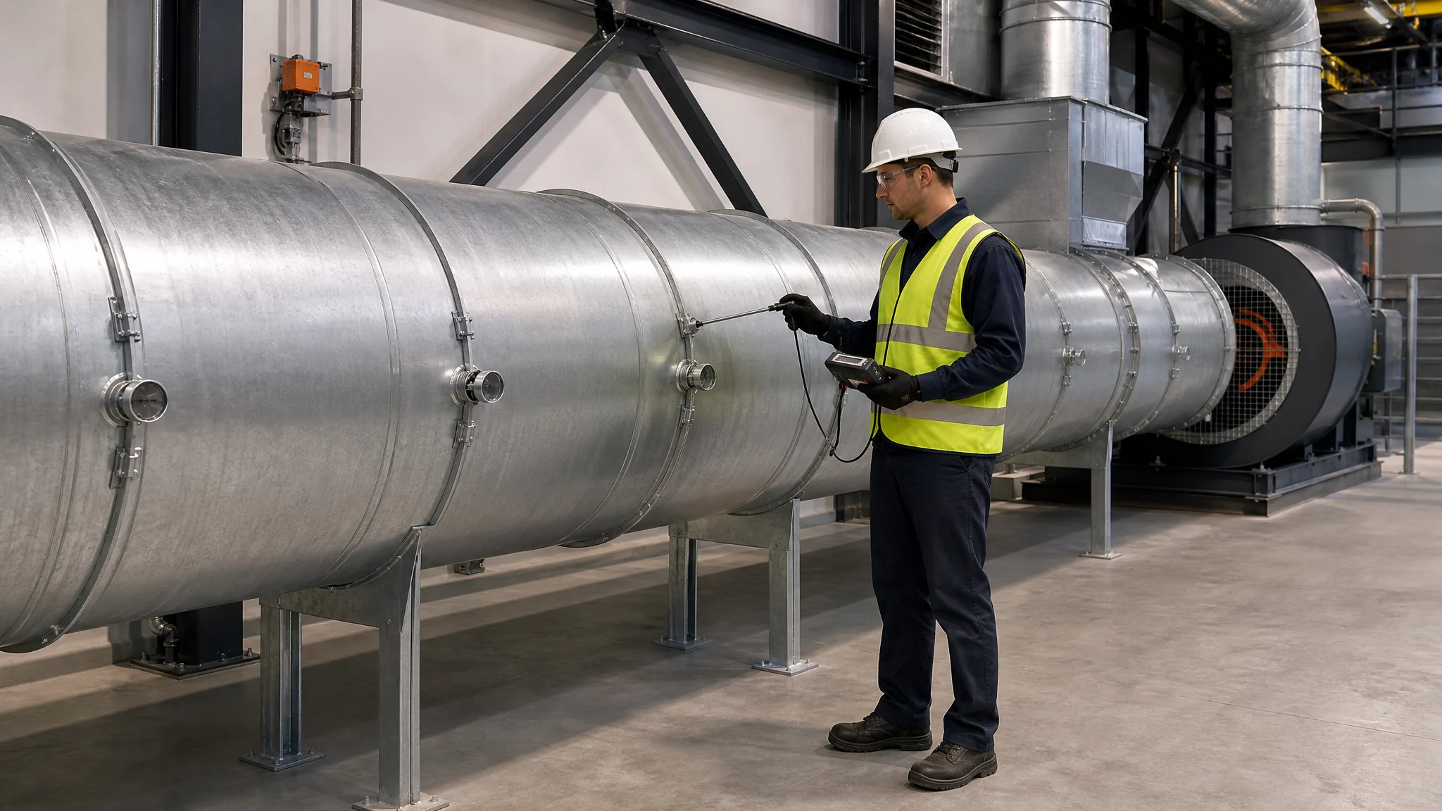 Qualified technician taking a multi-point velocity traverse through capped ports in a straight exhaust duct