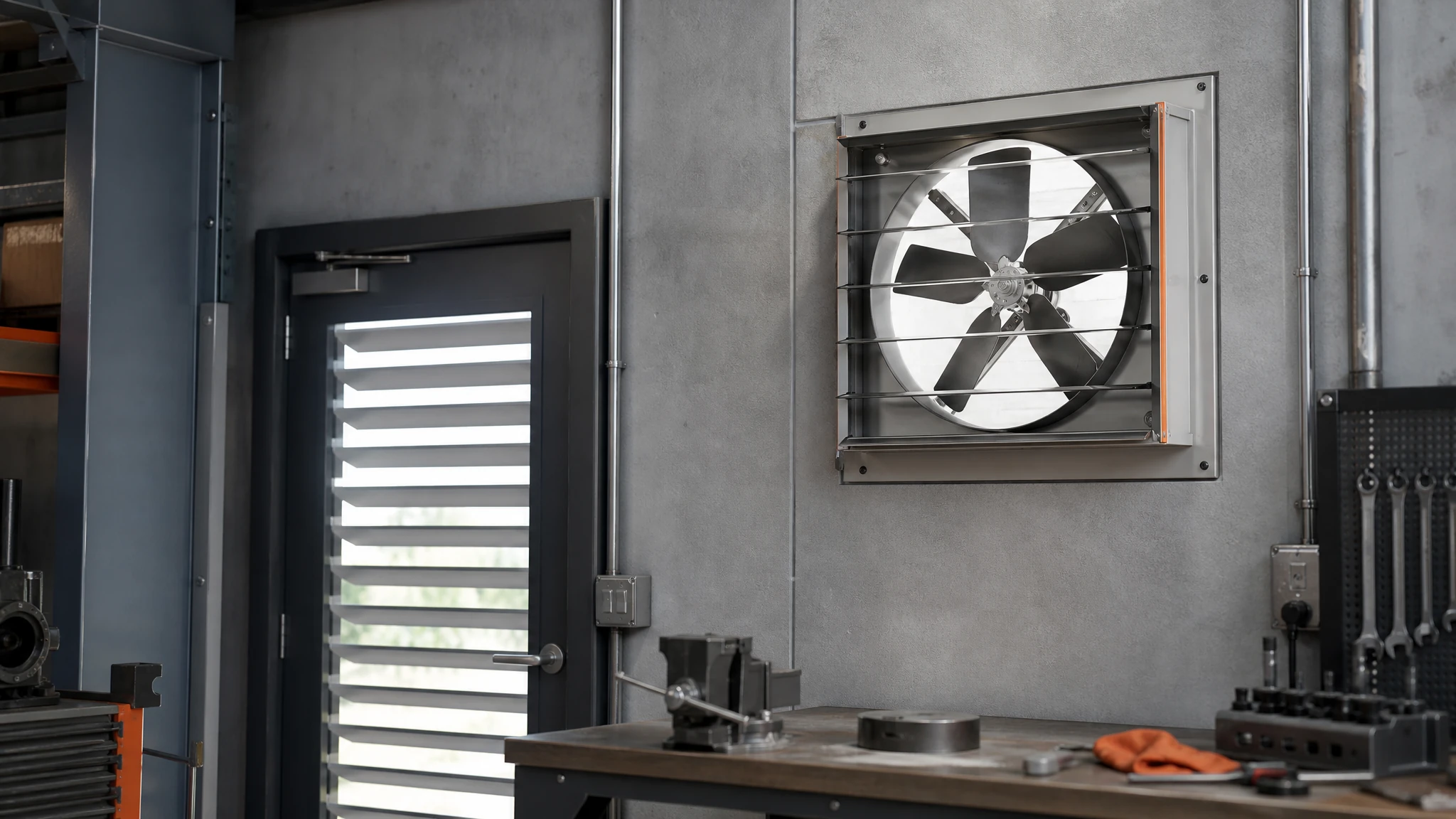 18-inch-class wall exhaust fan in a prepared workshop opening