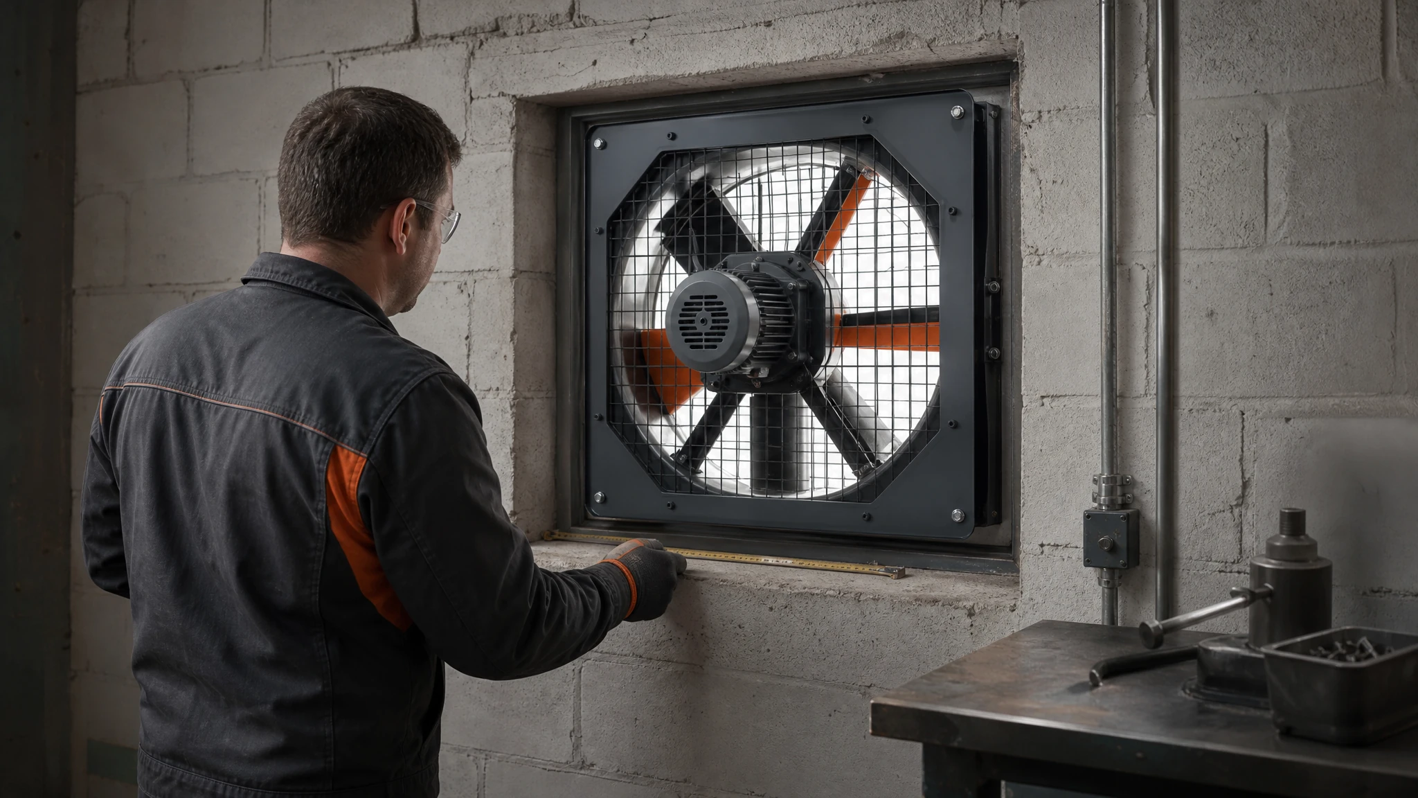 Technician checking a compact industrial exhaust fan in a prepared wall opening