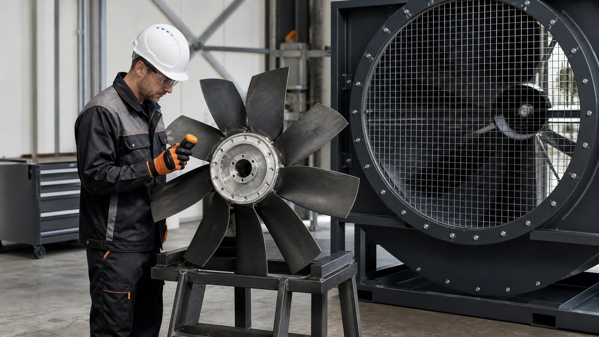 Qualified engineer reviewing a guarded exhaust fan impeller balance setup on a service stand