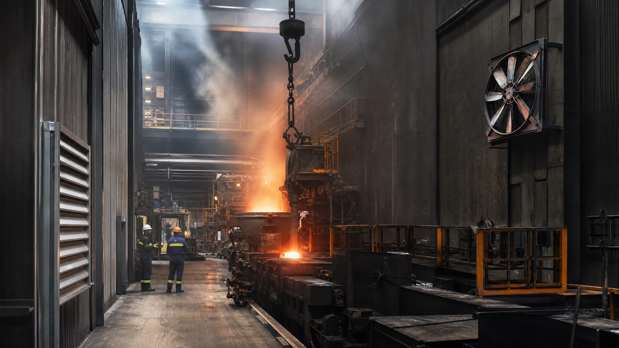 Hot-process factory cell with one high wall exhaust fan and a separate make-up-air louver