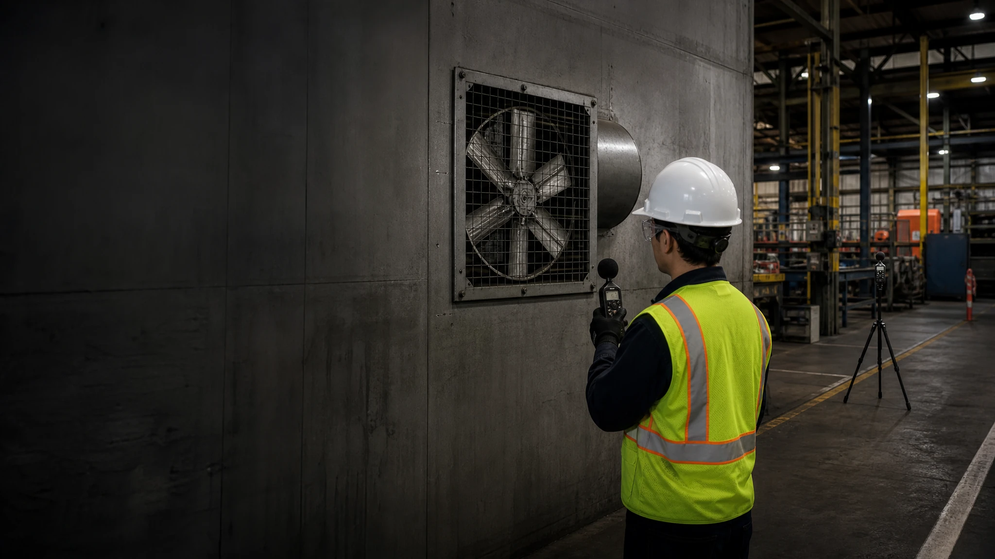 PPE-clad engineer taking a repeatable sound measurement beside a guarded industrial exhaust fan and duct in a manufacturing plant