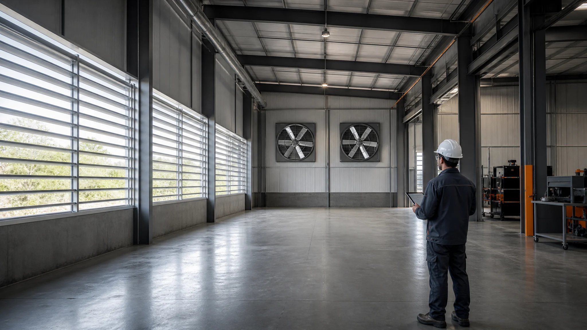 Industrial workshop with two six-blade wall exhaust fans, replacement-air louvers and an engineer reviewing the building