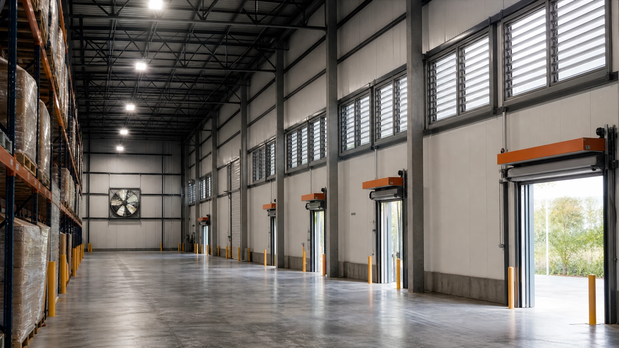 Warehouse exhaust fan at one end with intake louvers across the building