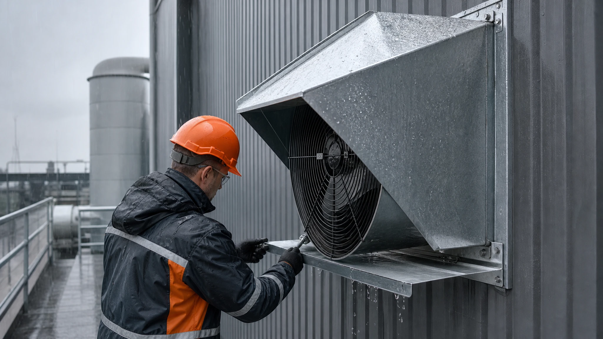 Industrial wall exhaust fan with a weather hood and flashing on a factory exterior during light rain