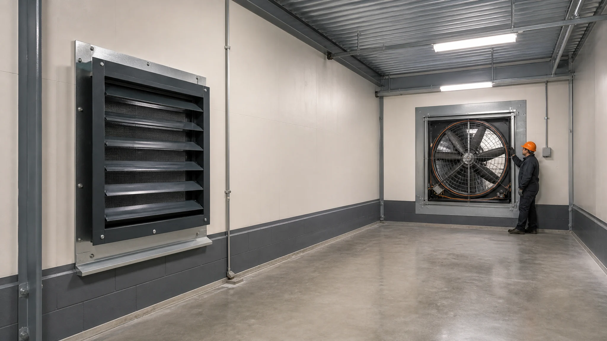 Engineer inspecting a guarded wall exhaust fan with an exterior backdraft shutter and a separated replacement-air louver