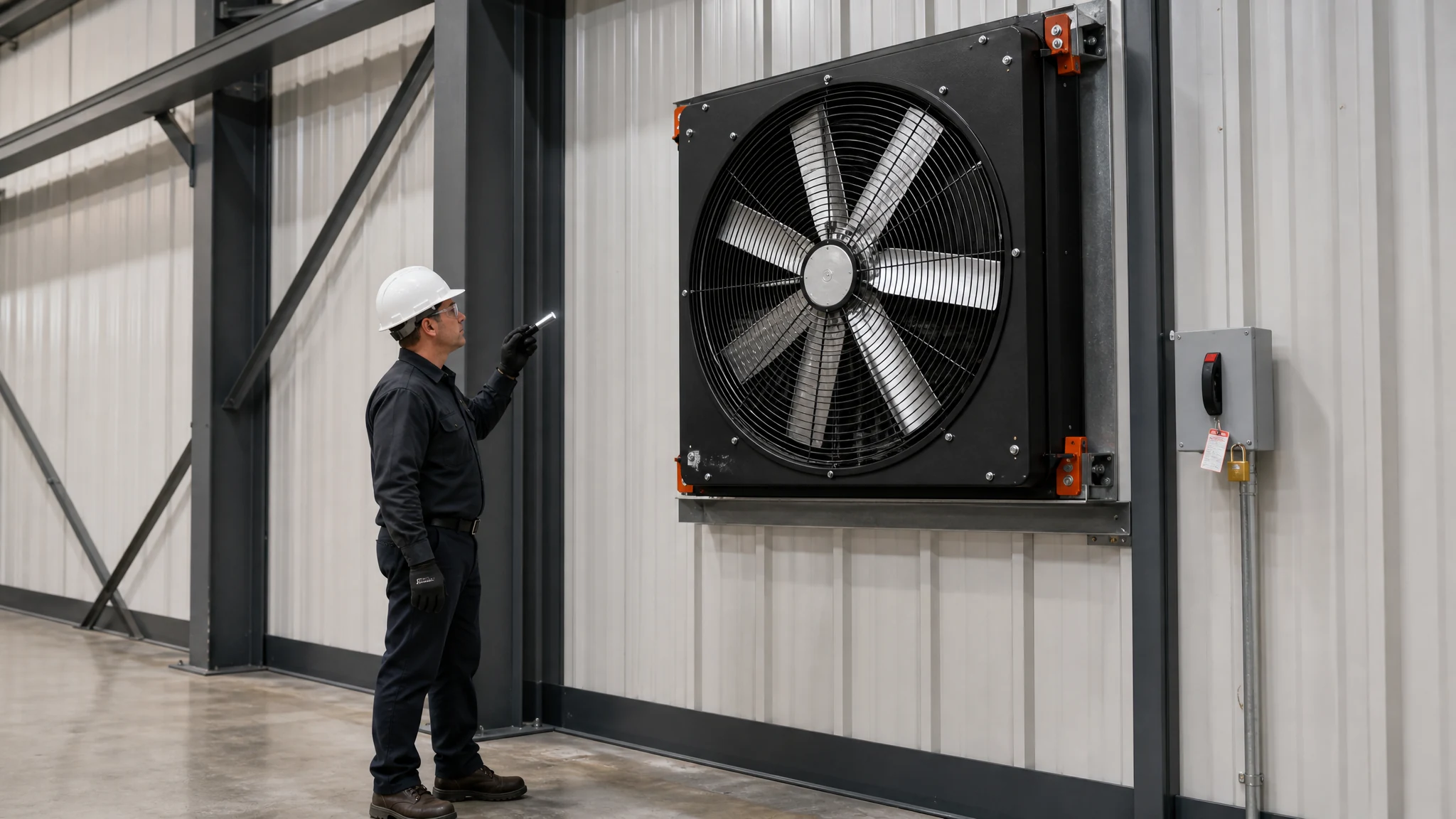 Qualified maintenance technician inspecting the intact guard of an isolated industrial wall exhaust fan