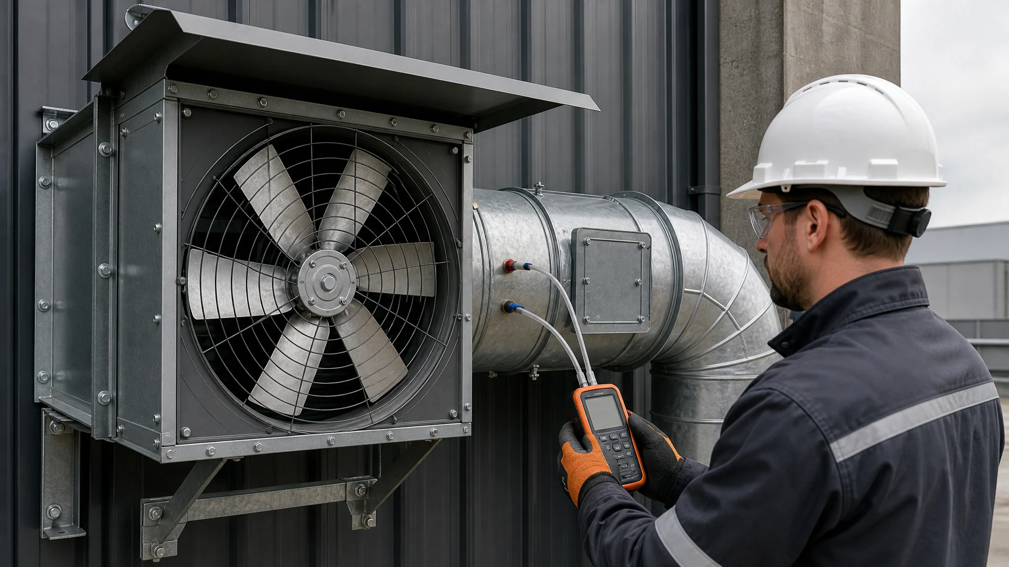 Technician measuring differential pressure on a ducted six-blade industrial exhaust fan with guard and weather hood