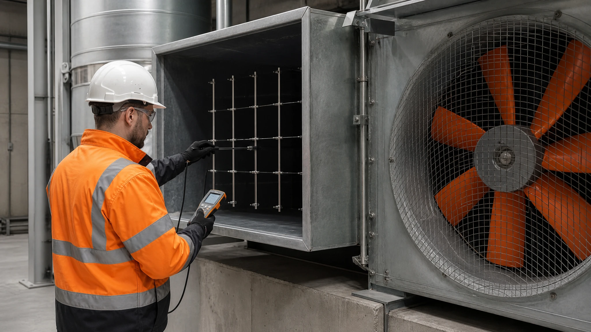 Technician performing a pitot traverse in a straight industrial duct section beside a guarded exhaust fan