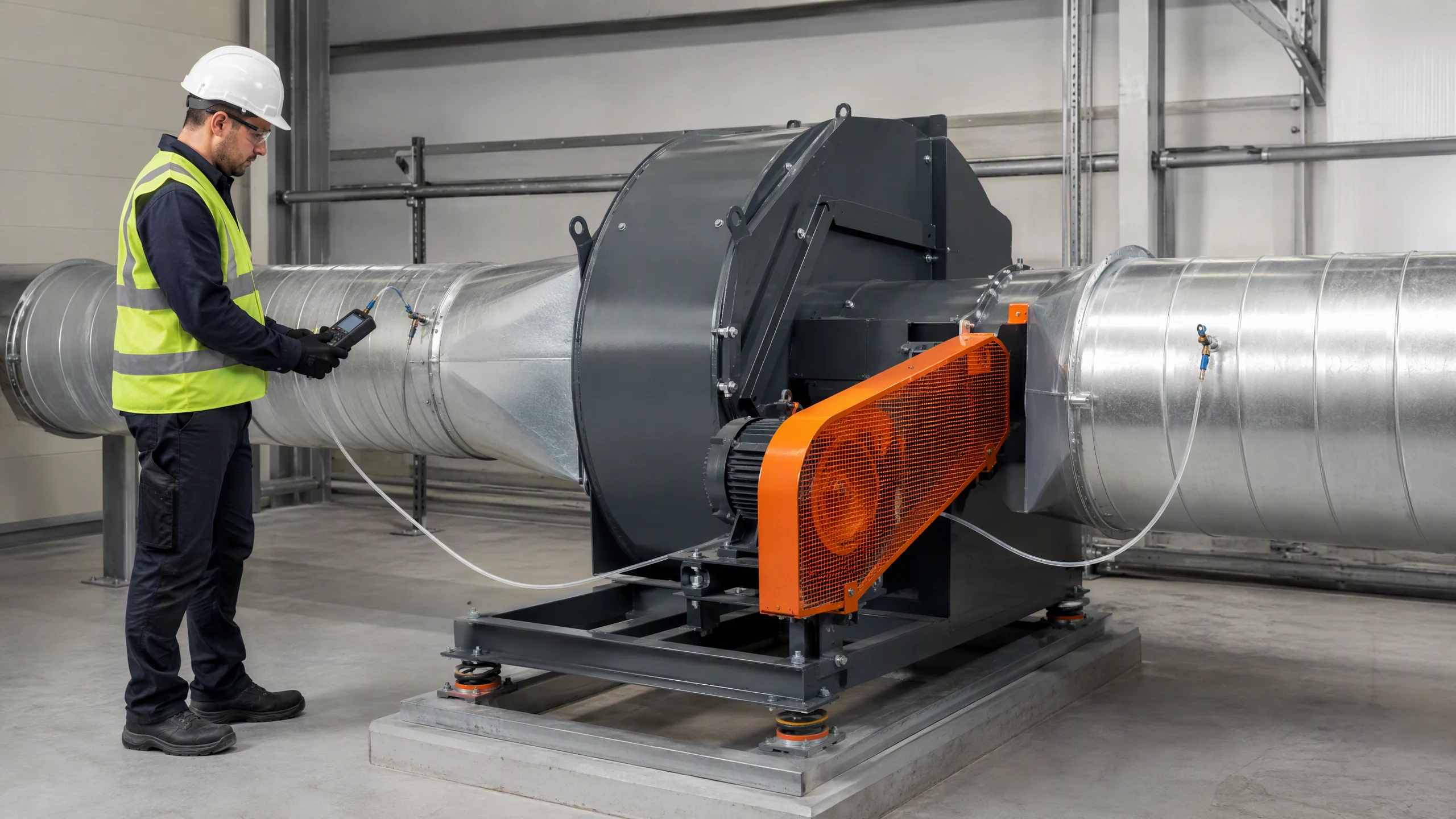 Engineer checking differential pressure at a guarded centrifugal fan connected to straight test ductwork