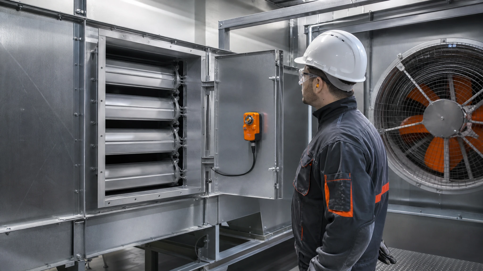 Technician inspecting a motorized damper in a clean industrial exhaust duct upstream of a guarded fan