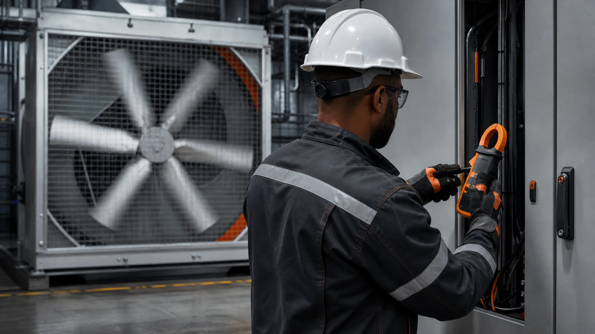 Qualified technician using a clamp meter on a closed industrial fan control cabinet while a guarded fan runs in the background
