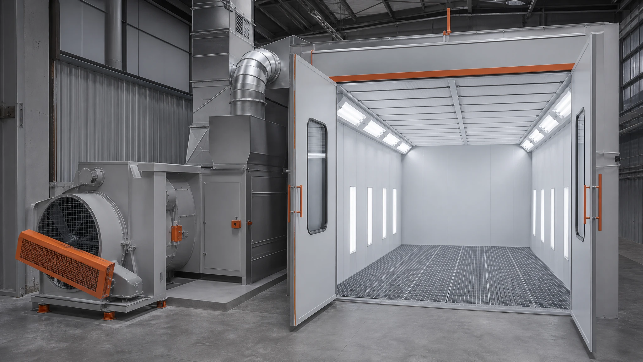 Clean industrial paint booth viewed from the service side with one dedicated exhaust path and make-up-air inlet