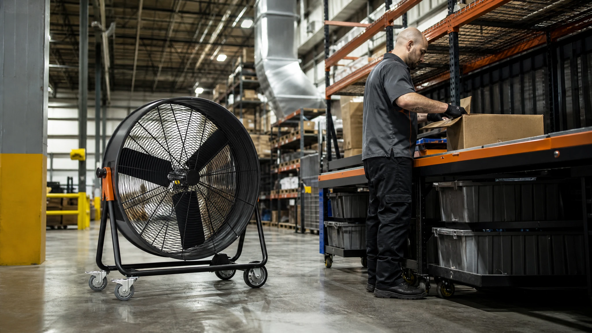 Mobile industrial fan on locking casters beside a warehouse picking work cell