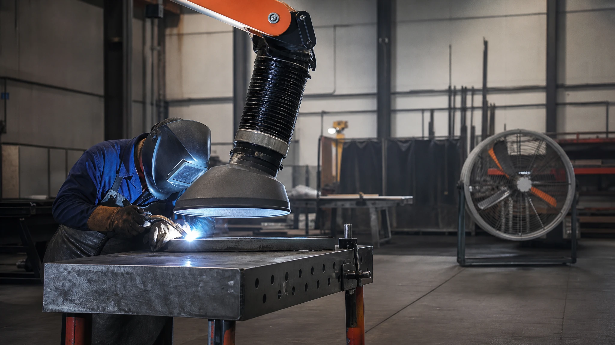 Welding shop with a source-capture hood at a bench and a separate guarded circulation fan in the background