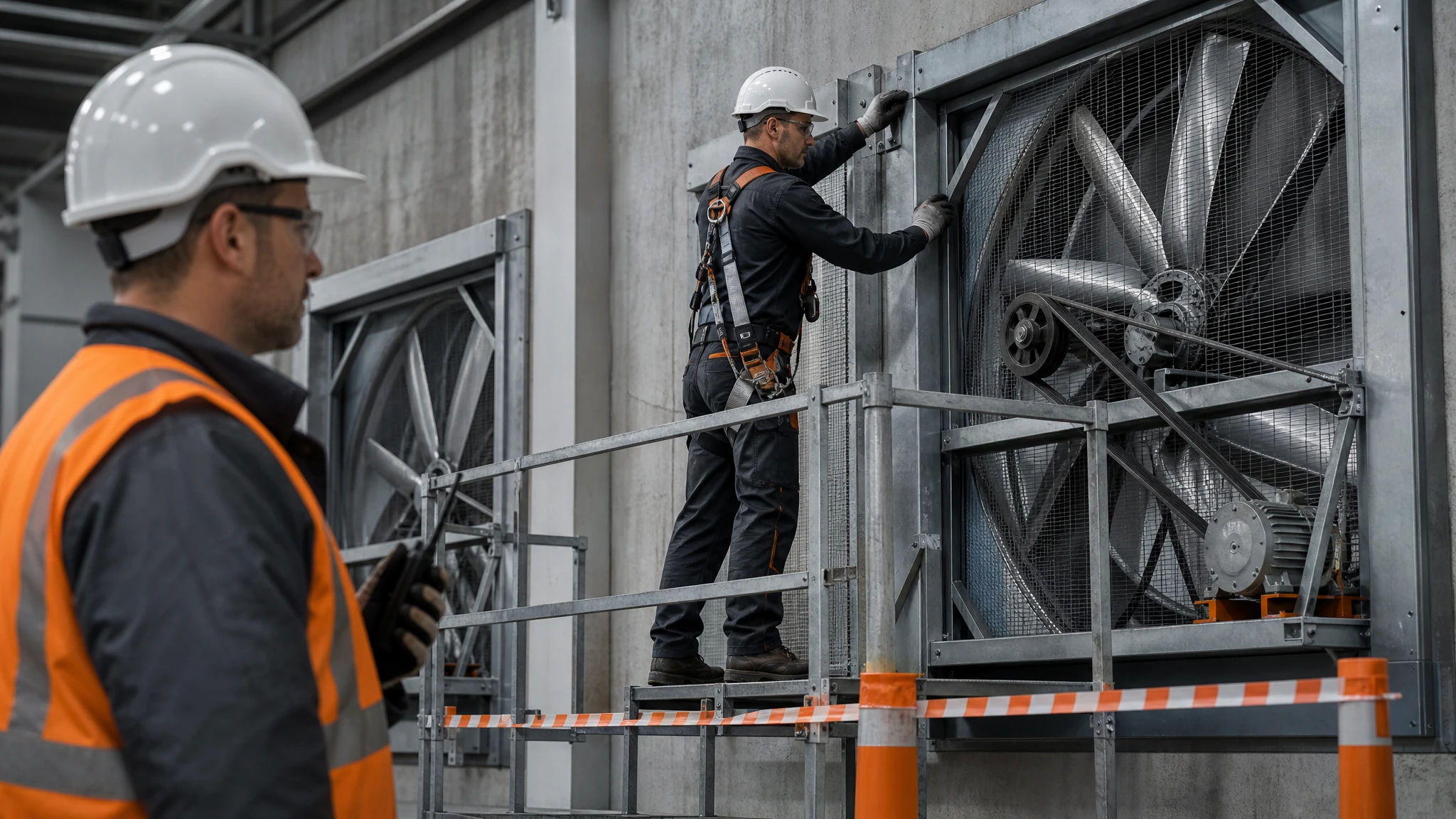 Technician in hard hat, eye protection, gloves and harness checking an isolated guarded industrial fan from a stable platform